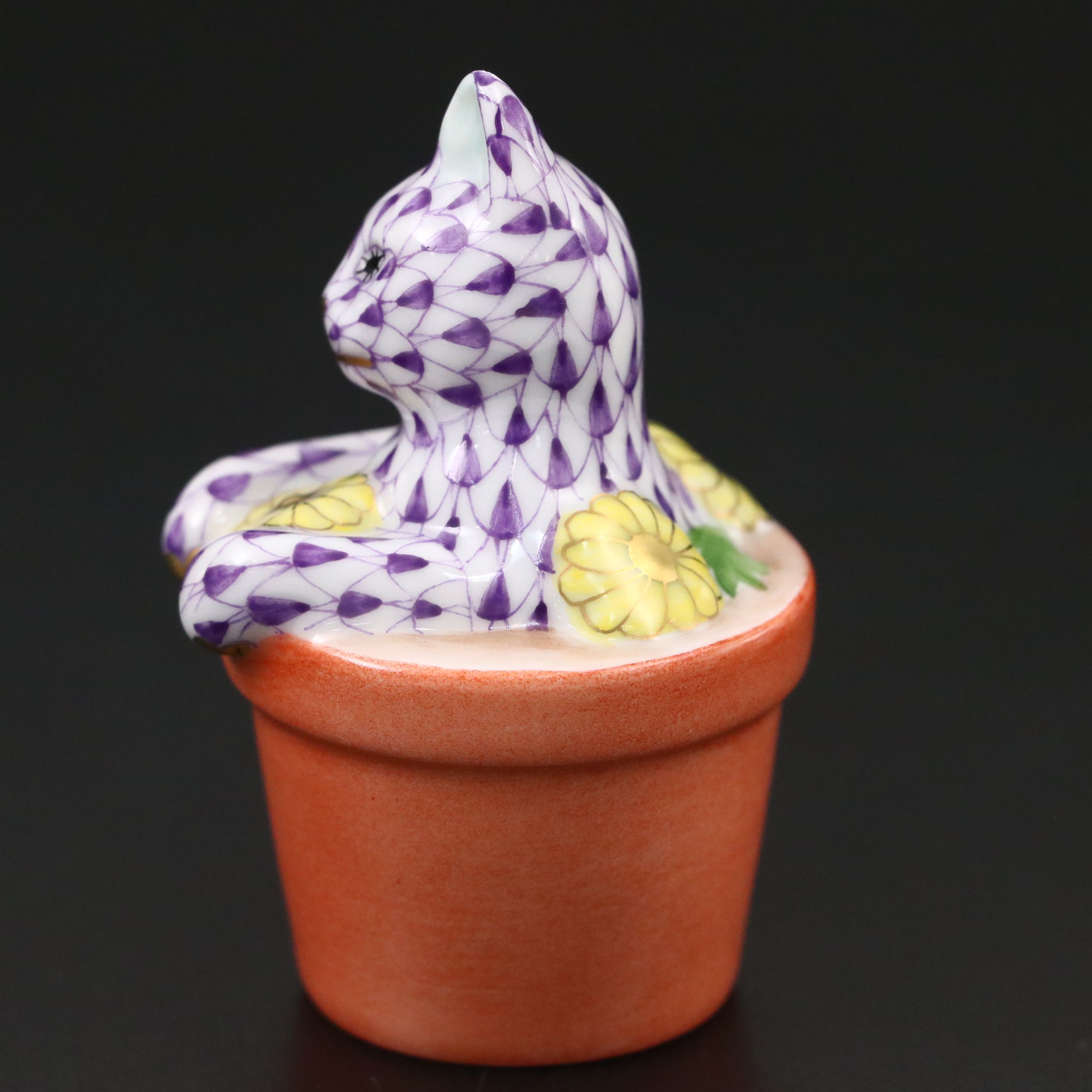 Herend Lilac Fishnet with Gold "Flower Pot Kitty" Porcelain Figurine