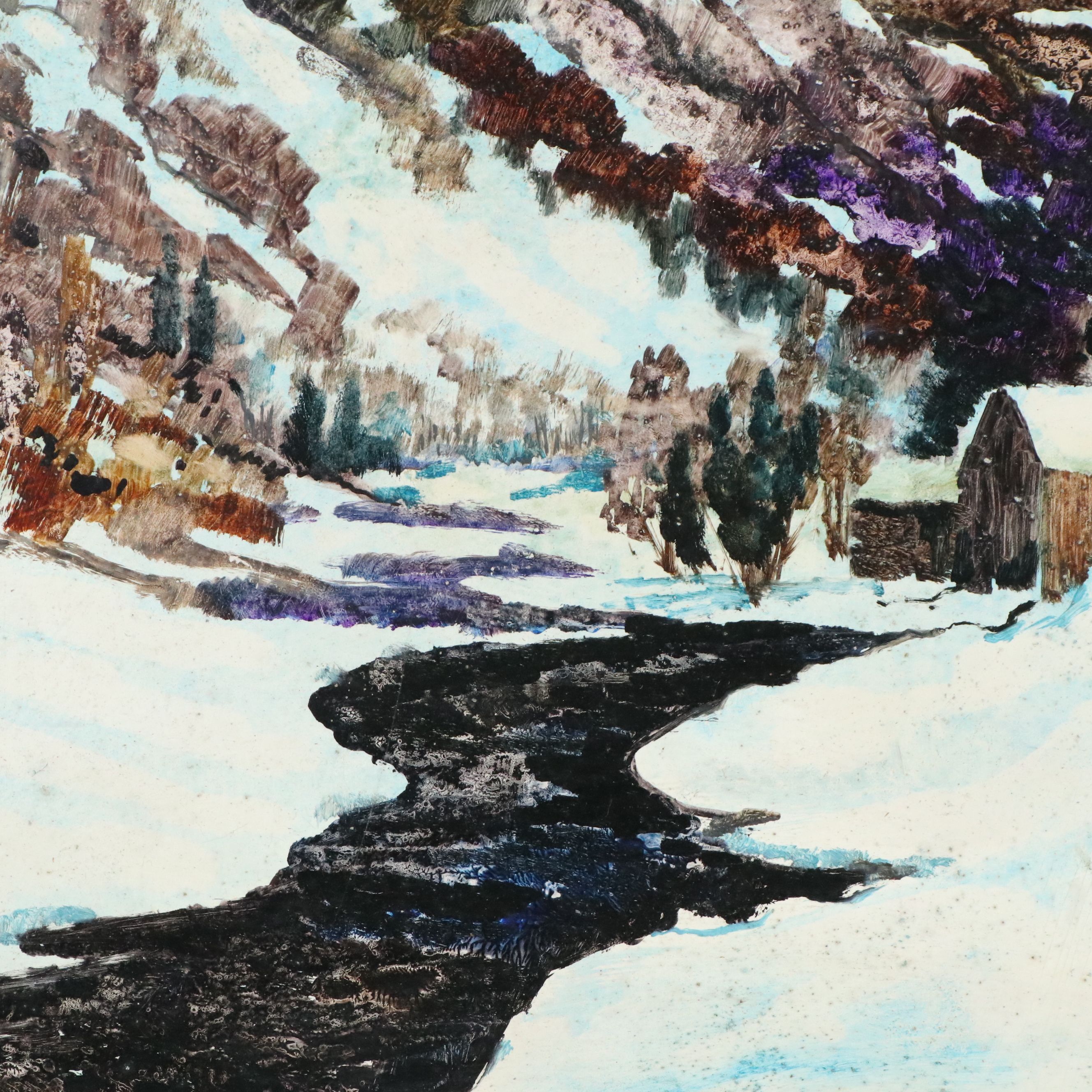 Donald R. Purdy Oil Painting of Snowy Mountain Farm, Mid to Late 20th Century