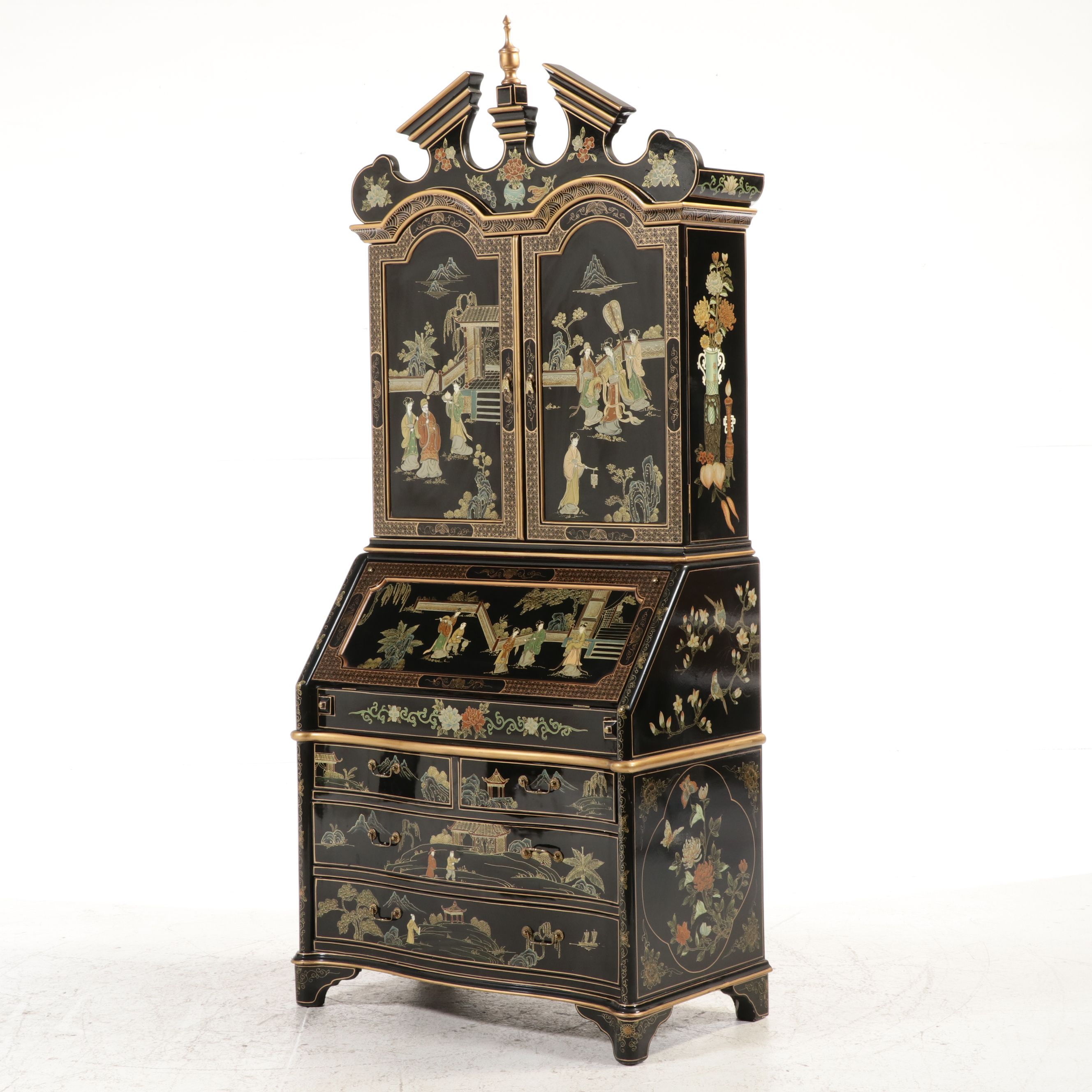 Chinoiserie Black Lacquered Secretary Desk with Hutch, Late 20th Century