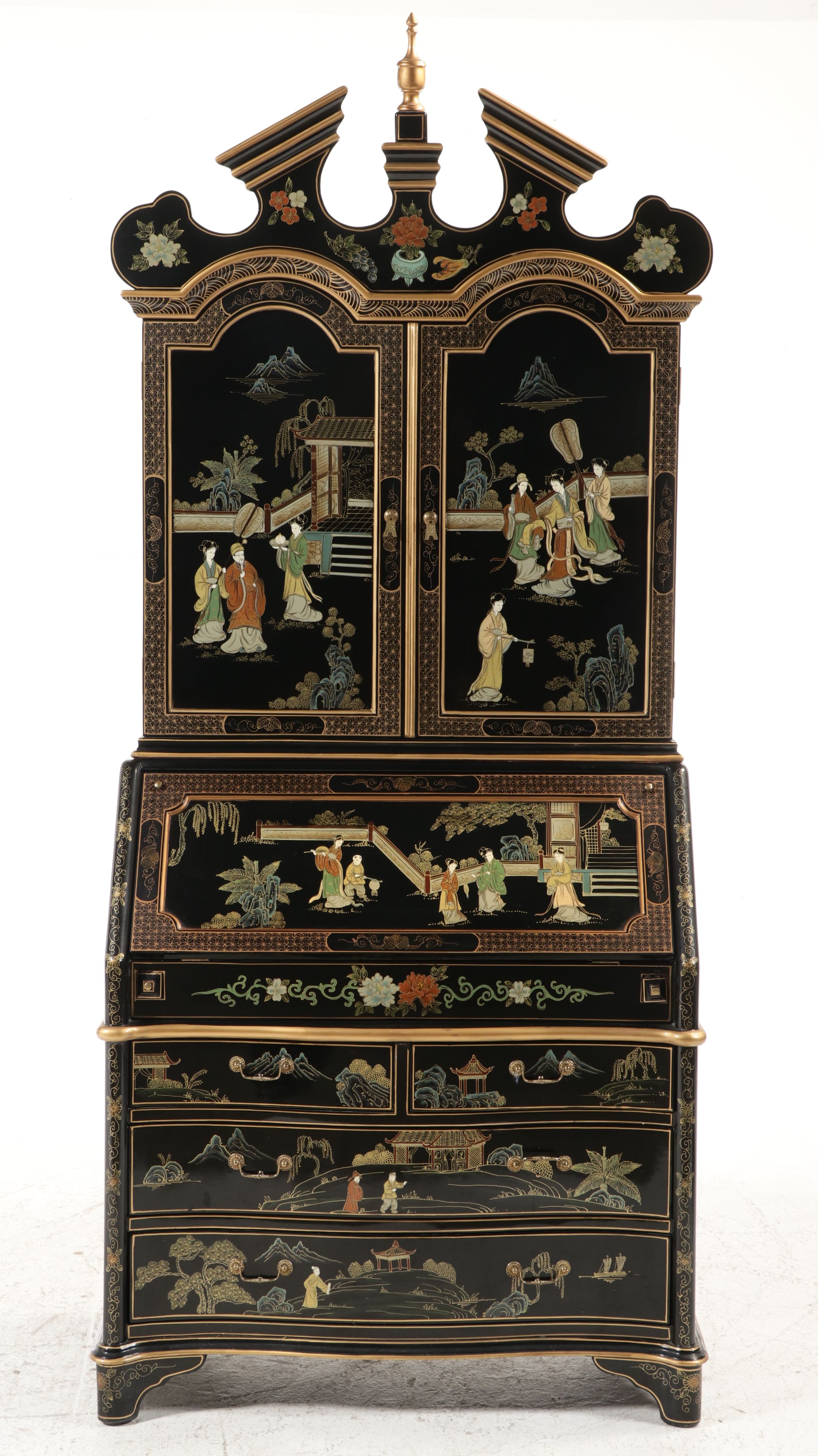 Chinoiserie Black Lacquered Secretary Desk with Hutch, Late 20th Century