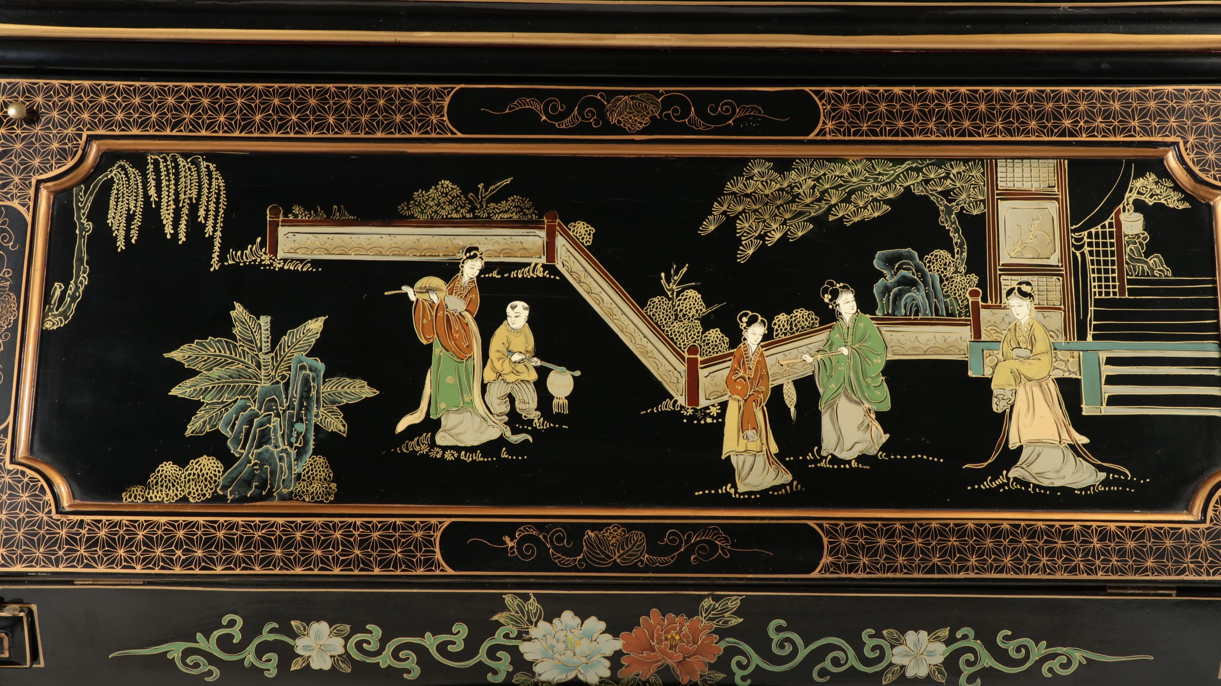 Chinoiserie Black Lacquered Secretary Desk with Hutch, Late 20th Century