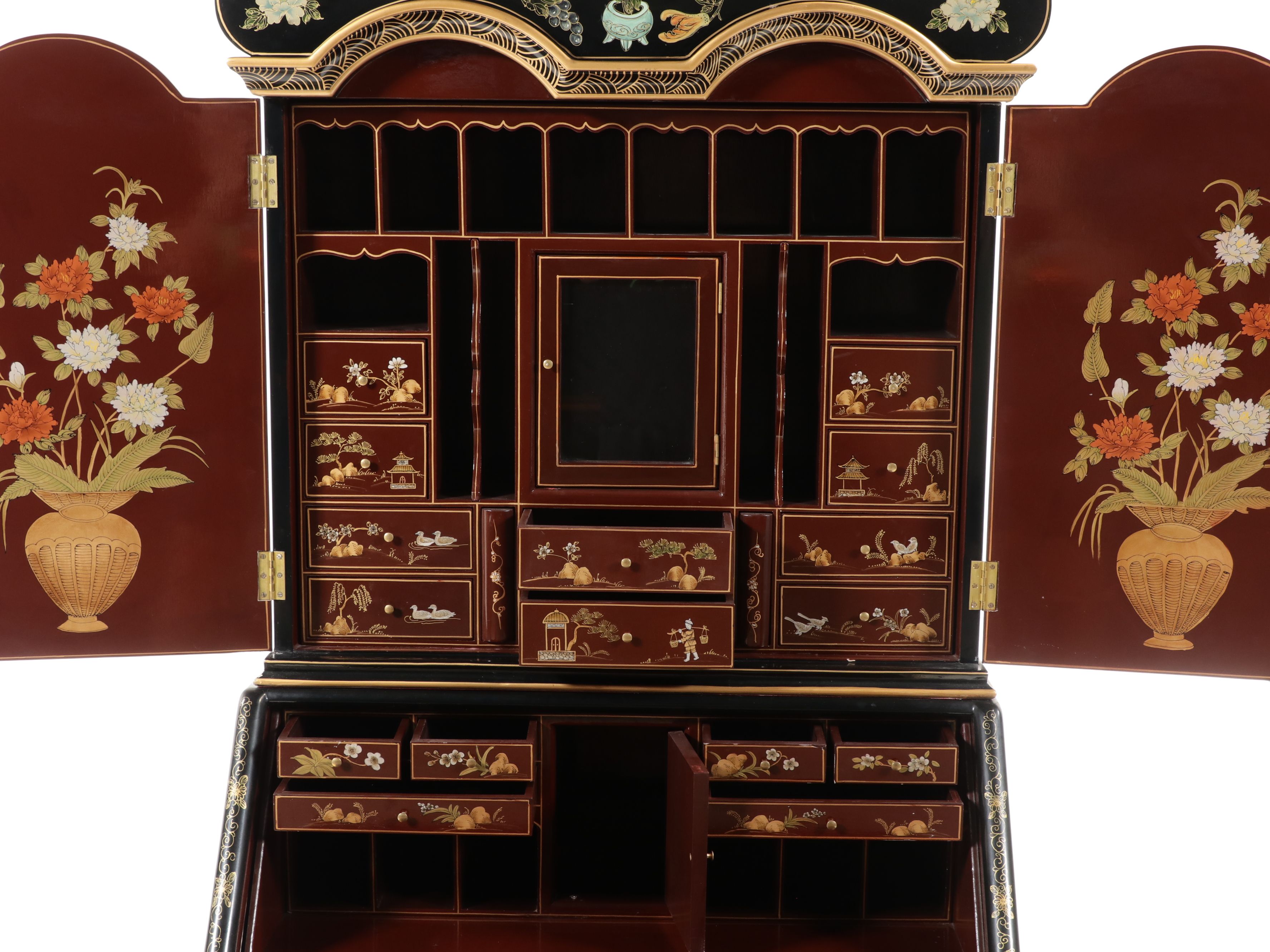 Chinoiserie Black Lacquered Secretary Desk with Hutch, Late 20th Century