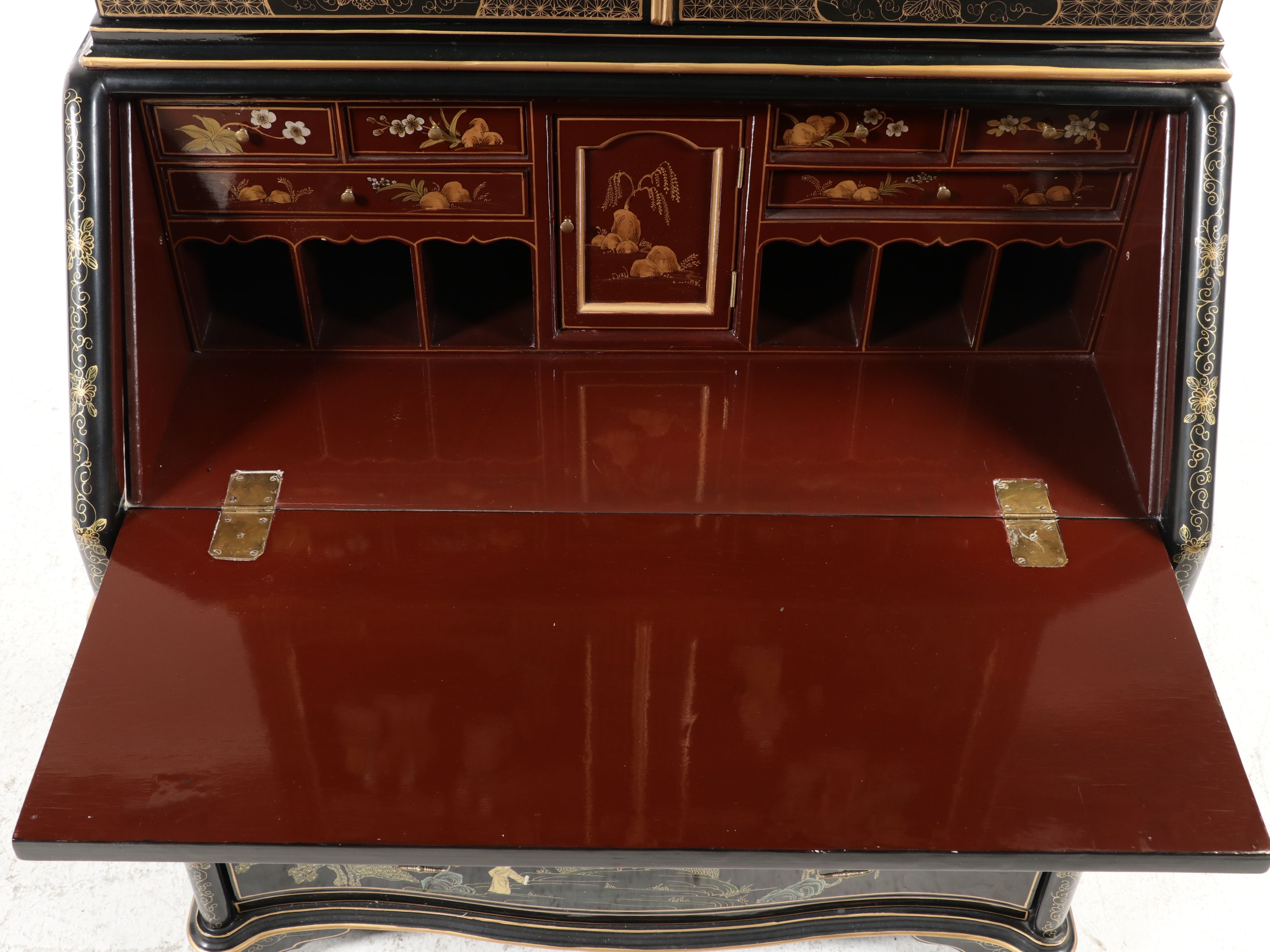 Chinoiserie Black Lacquered Secretary Desk with Hutch, Late 20th Century