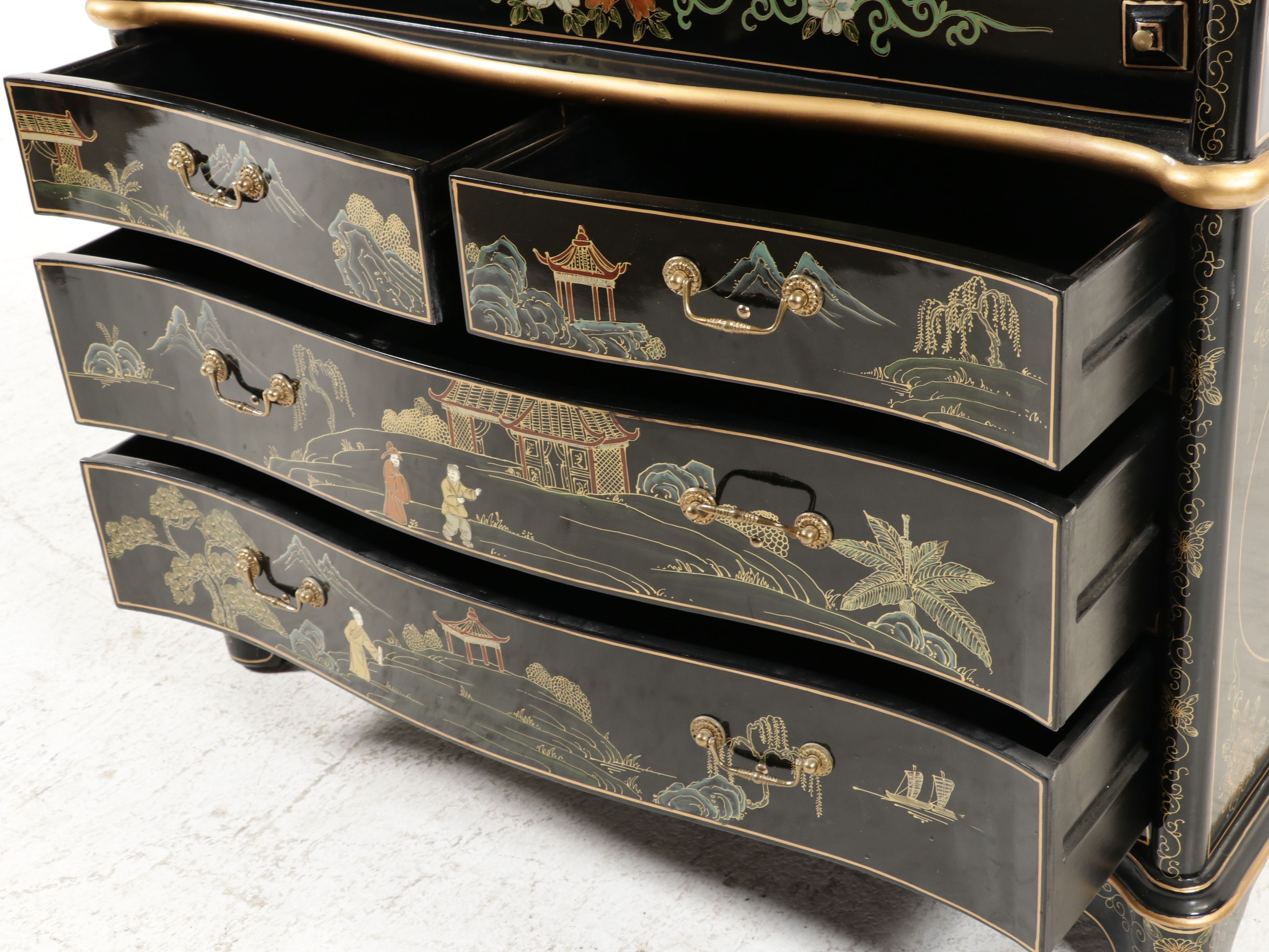 Chinoiserie Black Lacquered Secretary Desk with Hutch, Late 20th Century