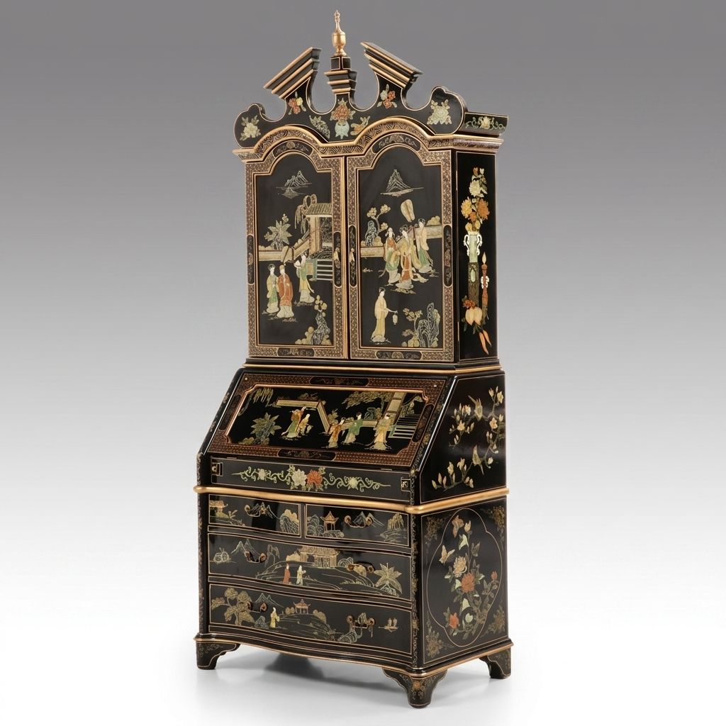 Chinoiserie Black Lacquered Secretary Desk with Hutch, Late 20th Century