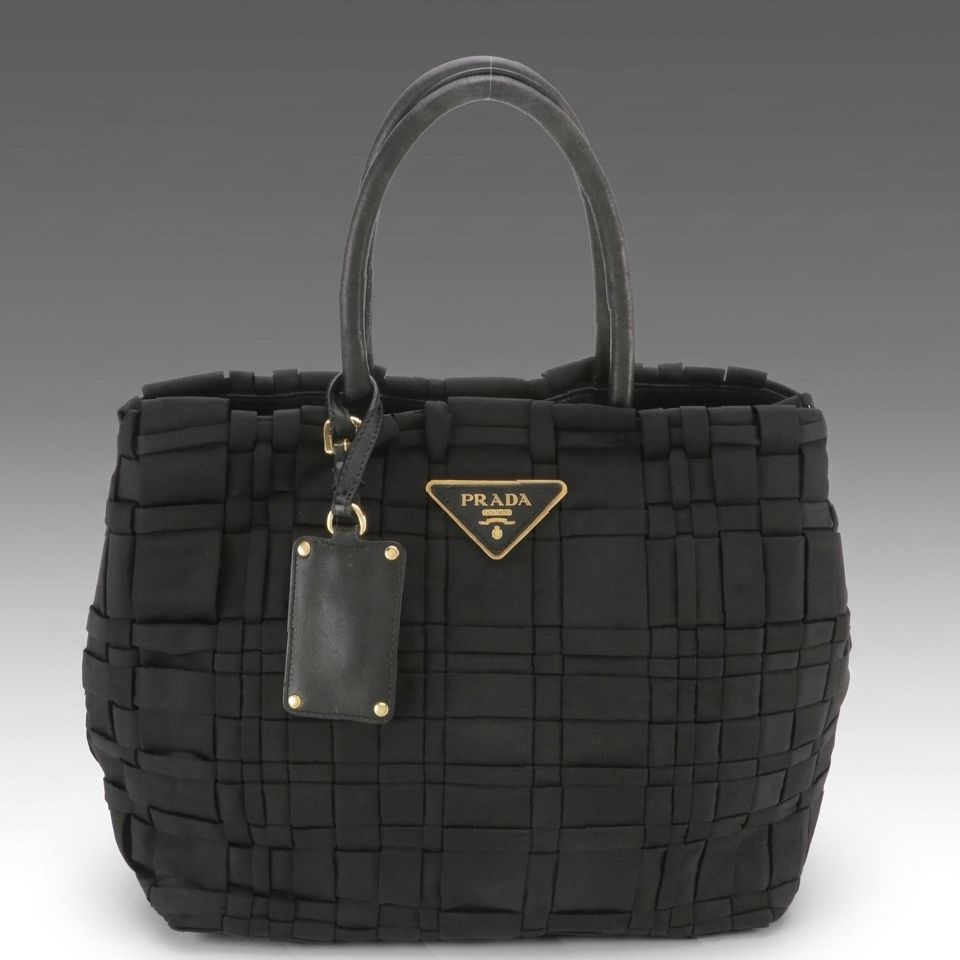 Prada Black Woven Canvas Two-Way Bag with Leather Trim