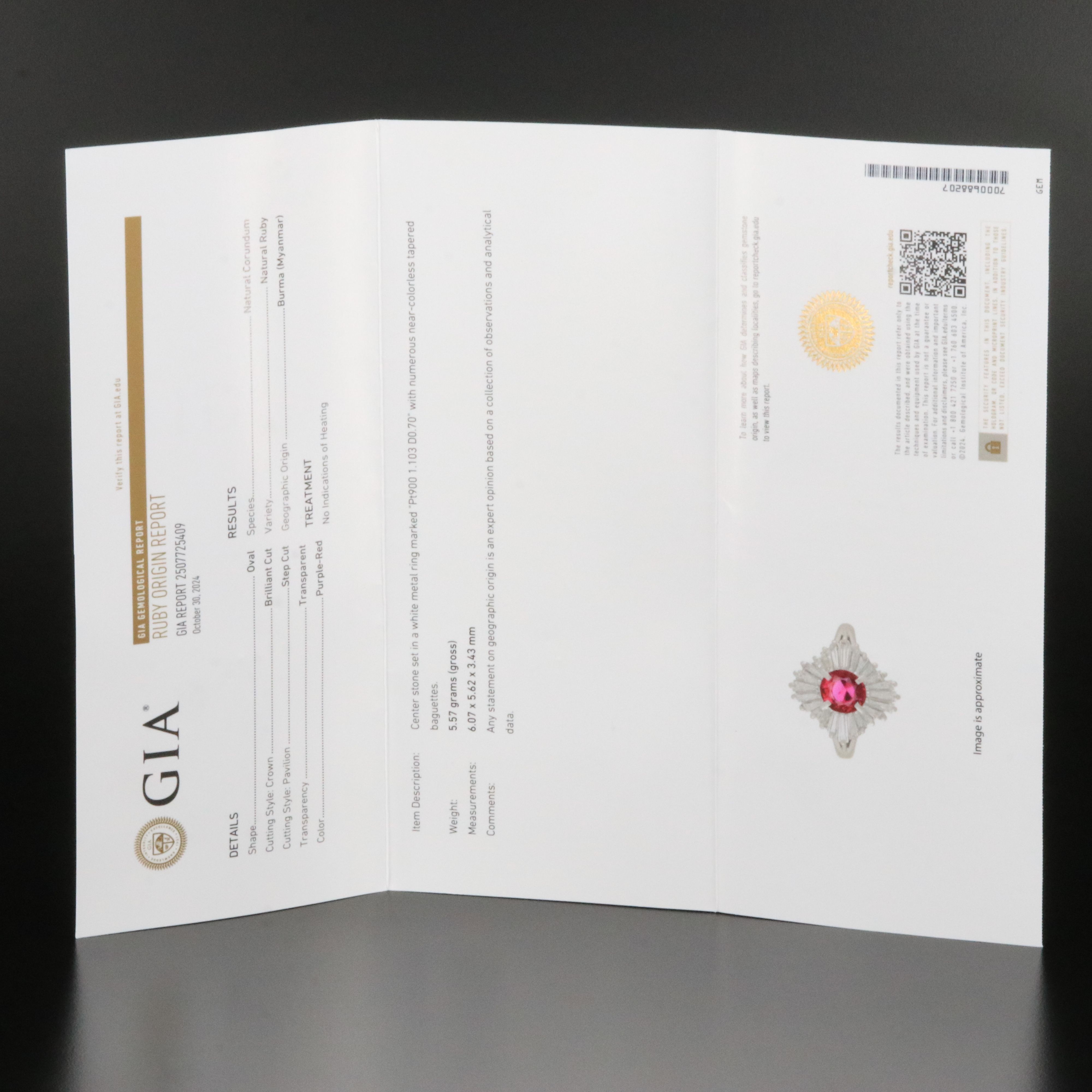 Platinum 1.10 CT Unheated Burmese Ruby and Diamond Ballerina Ring, GIA Report
