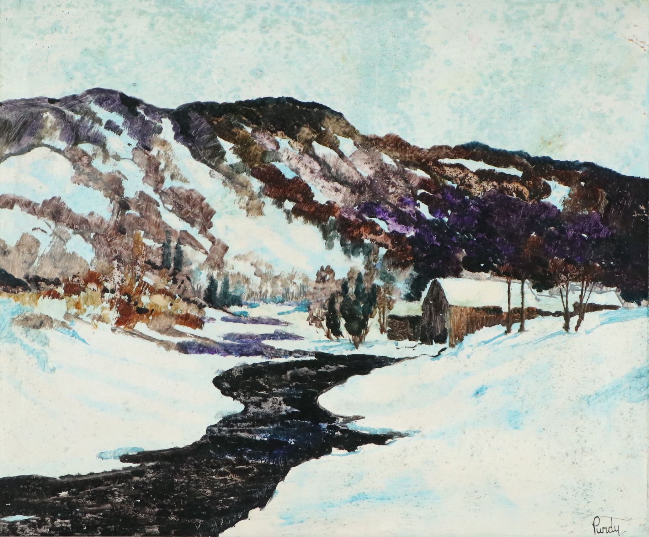 Donald R. Purdy Oil Painting of Snowy Mountain Farm, Mid to Late 20th Century