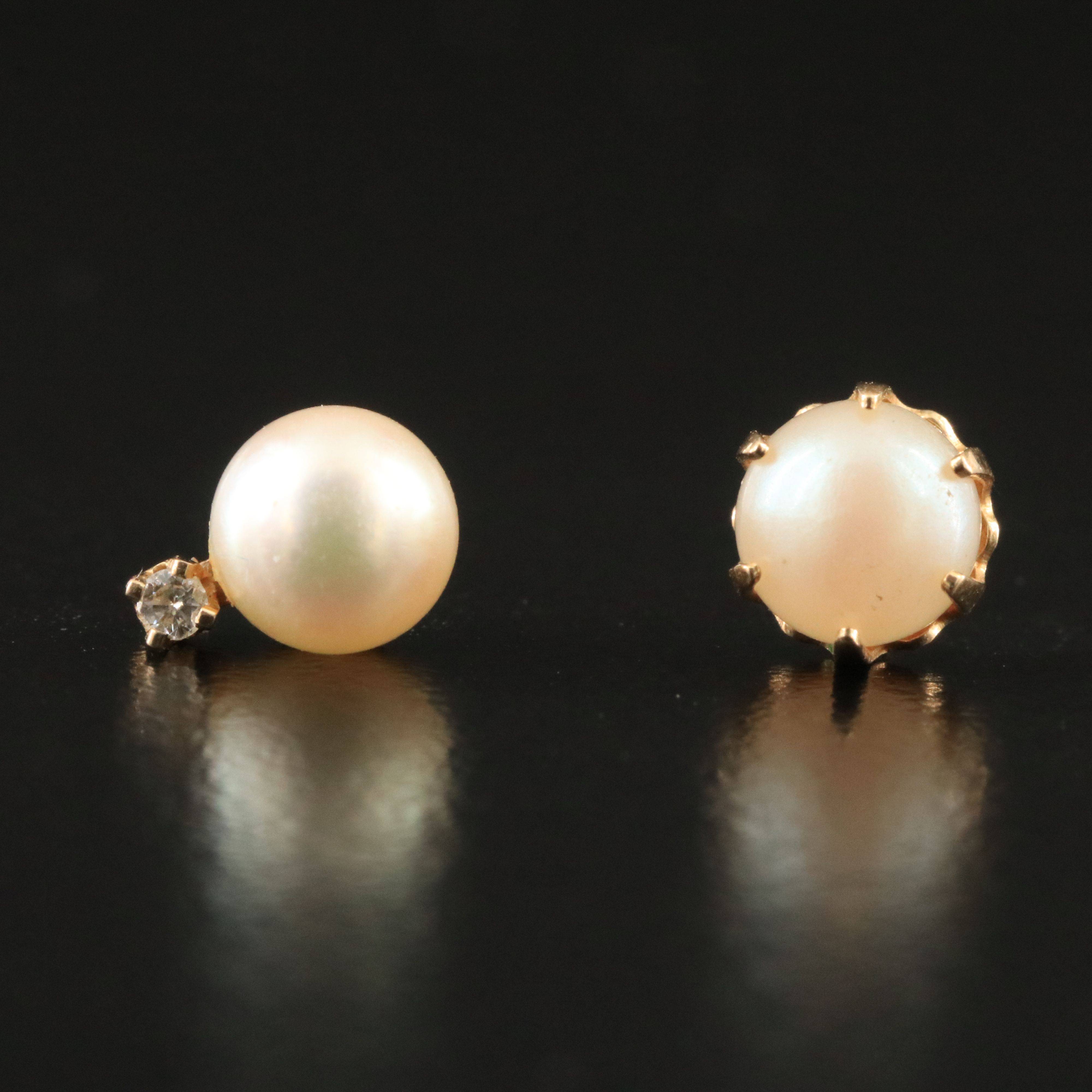 14K Faux Pearl and Pearl and Diamond Single Earrings