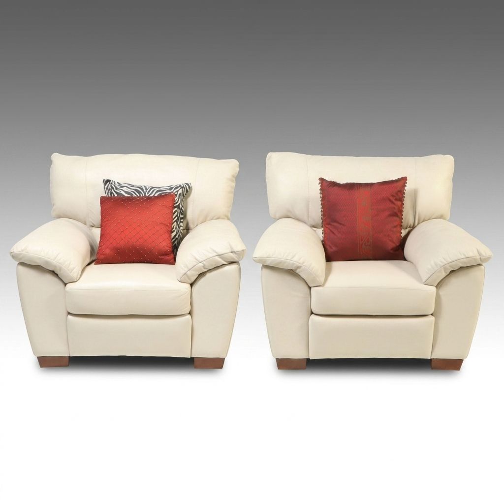 Pair of Natuzzi Editions Cream Top-Grain Leather Armchairs with Accent Pillows