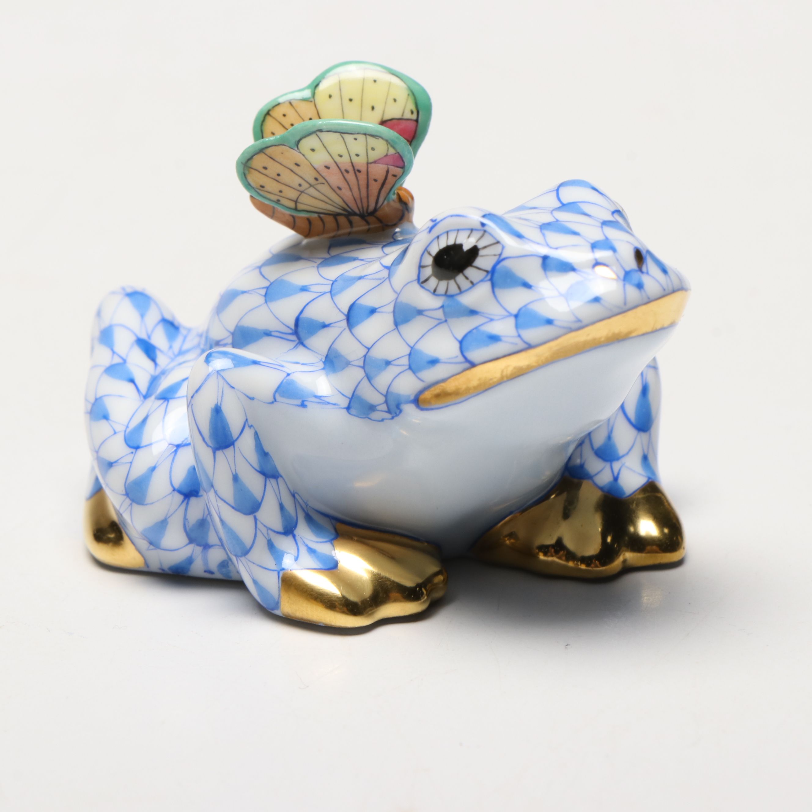 Herend Blue Fishnet with Gold "Frog with Butterfly" Porcelain Figurine, 2009