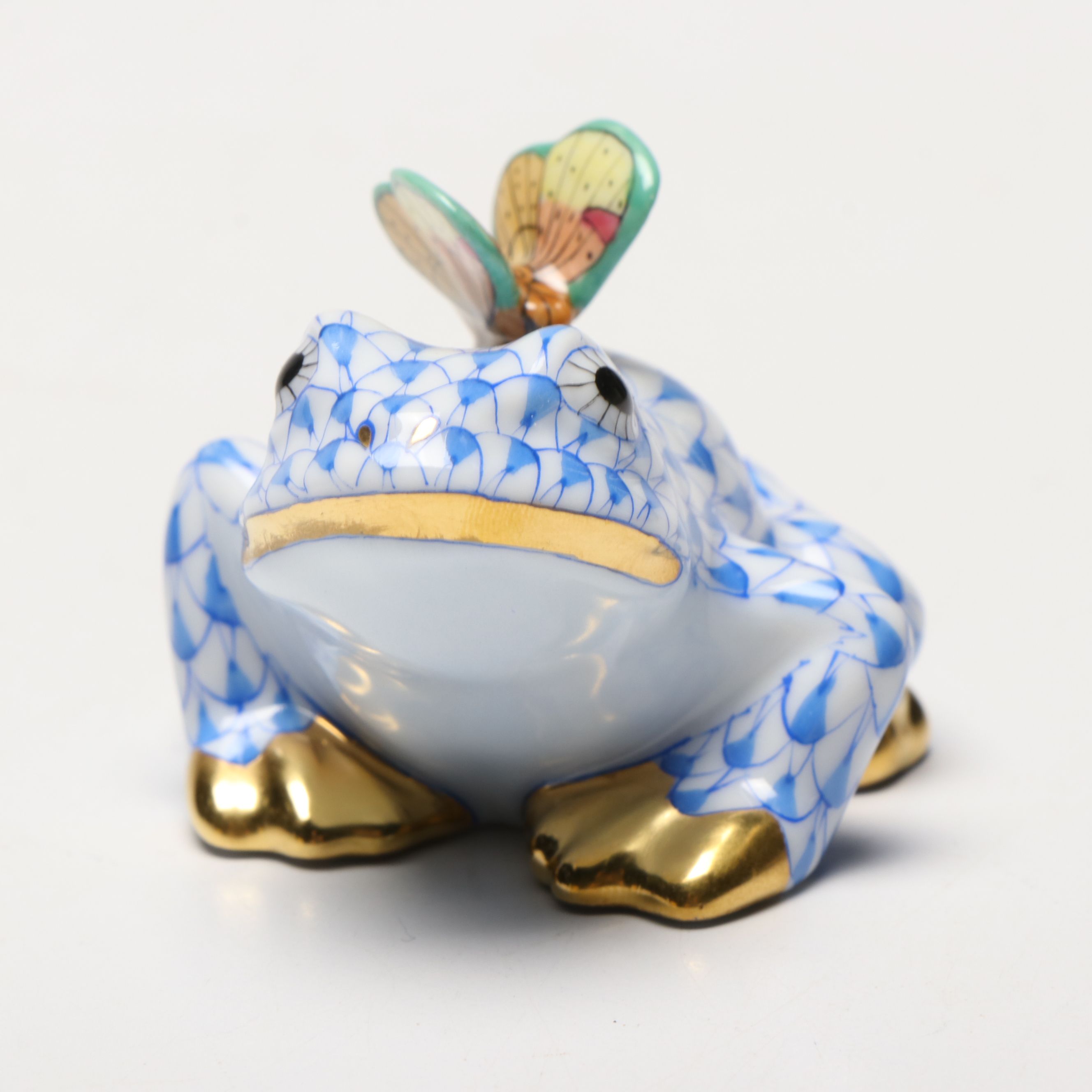 Herend Blue Fishnet with Gold "Frog with Butterfly" Porcelain Figurine, 2009