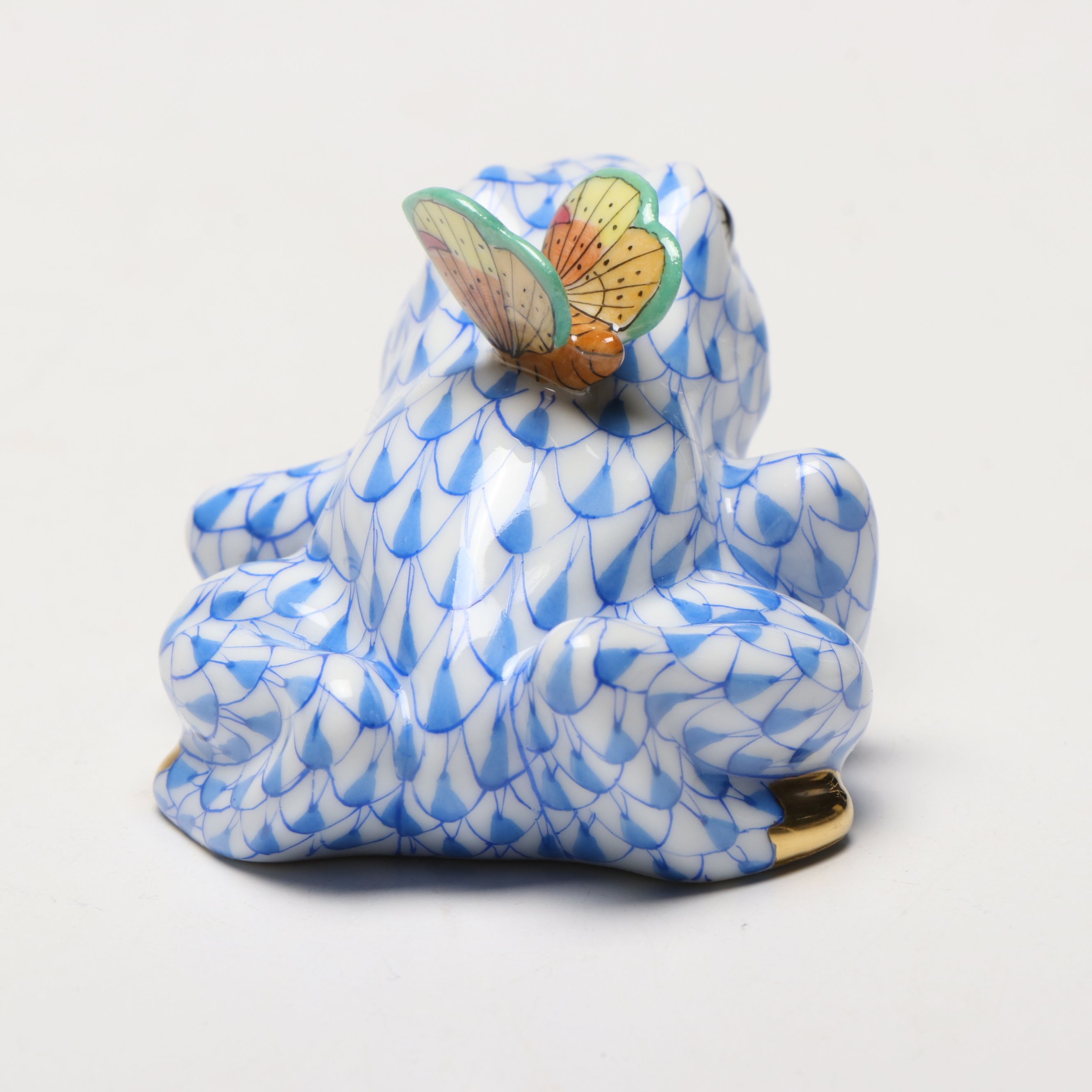 Herend Blue Fishnet with Gold "Frog with Butterfly" Porcelain Figurine, 2009