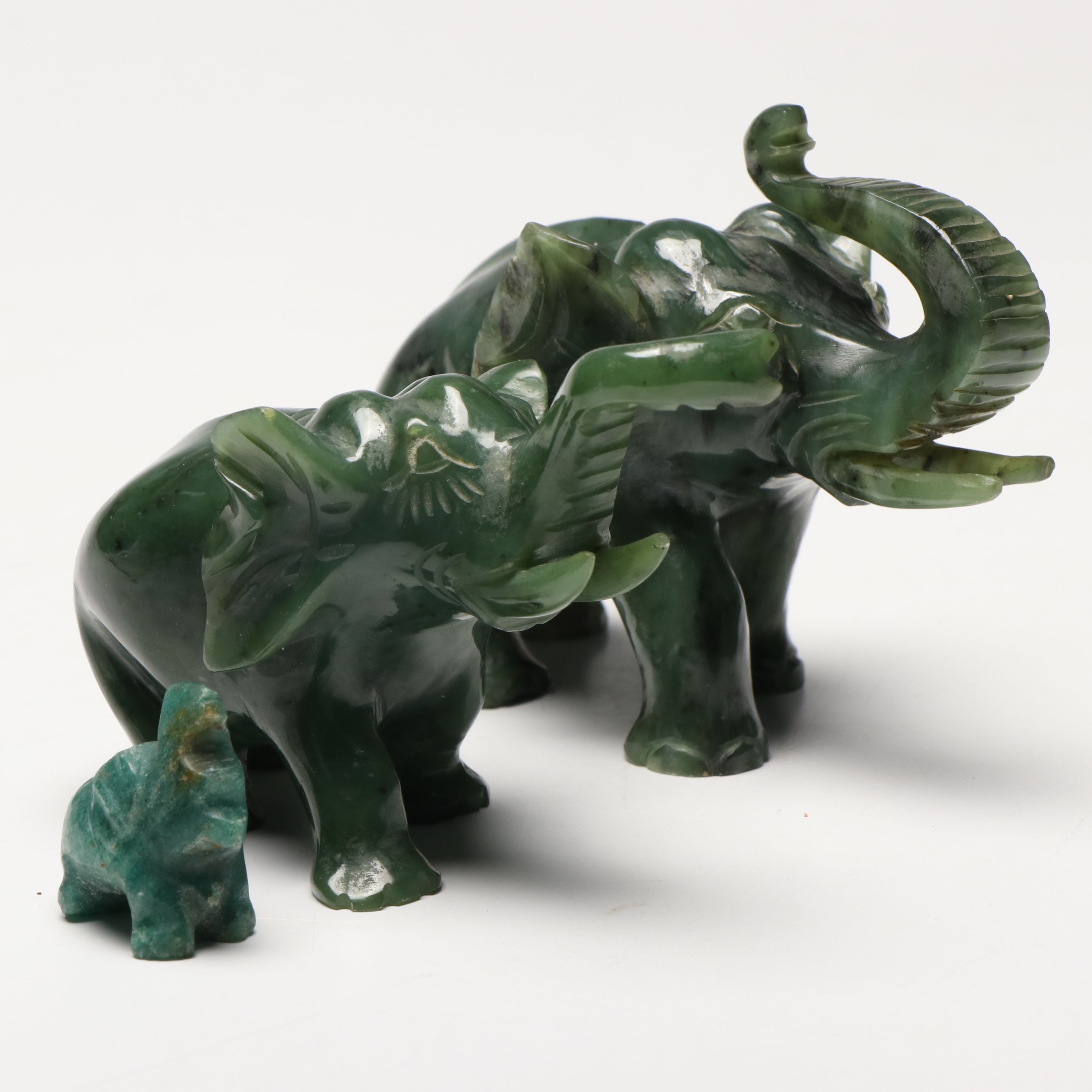 East Asian Hand-Carved Nephrite Elephant Figures with Aventurine Figure