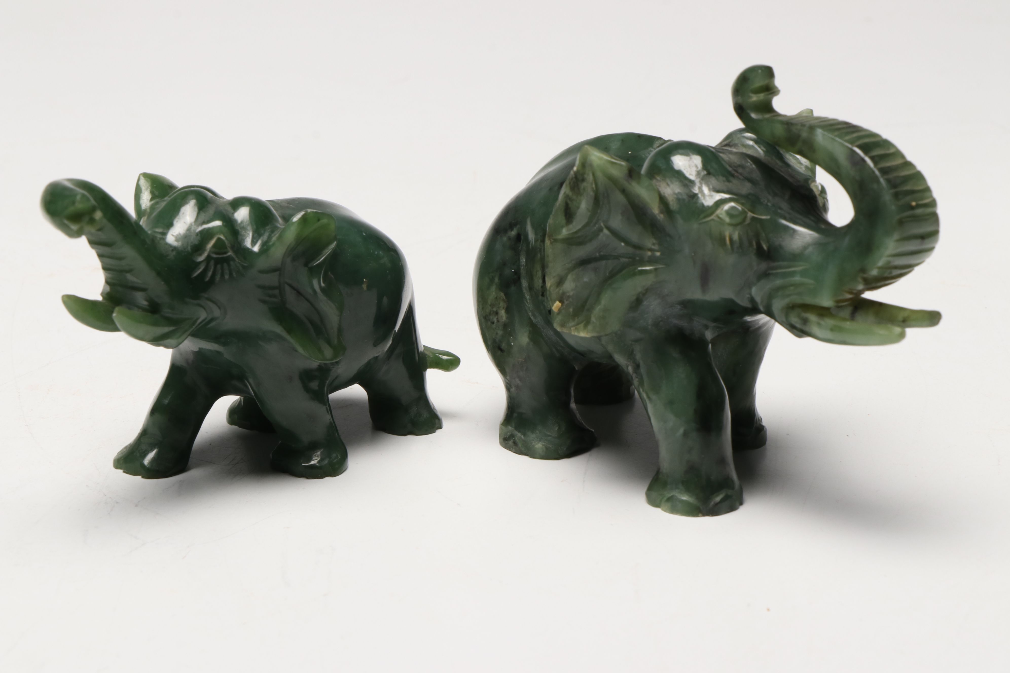 East Asian Hand-Carved Nephrite Elephant Figures with Aventurine Figure