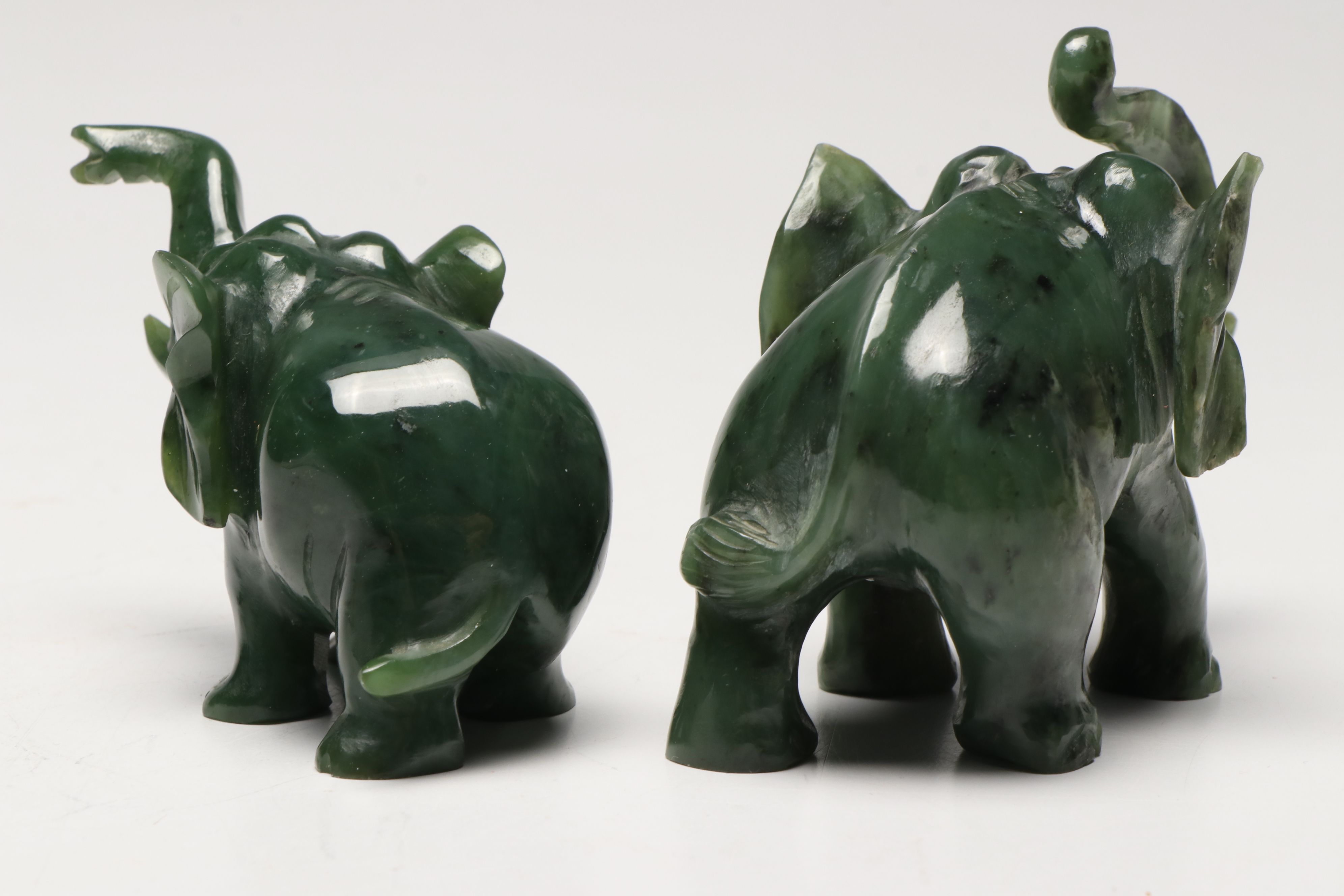 East Asian Hand-Carved Nephrite Elephant Figures with Aventurine Figure
