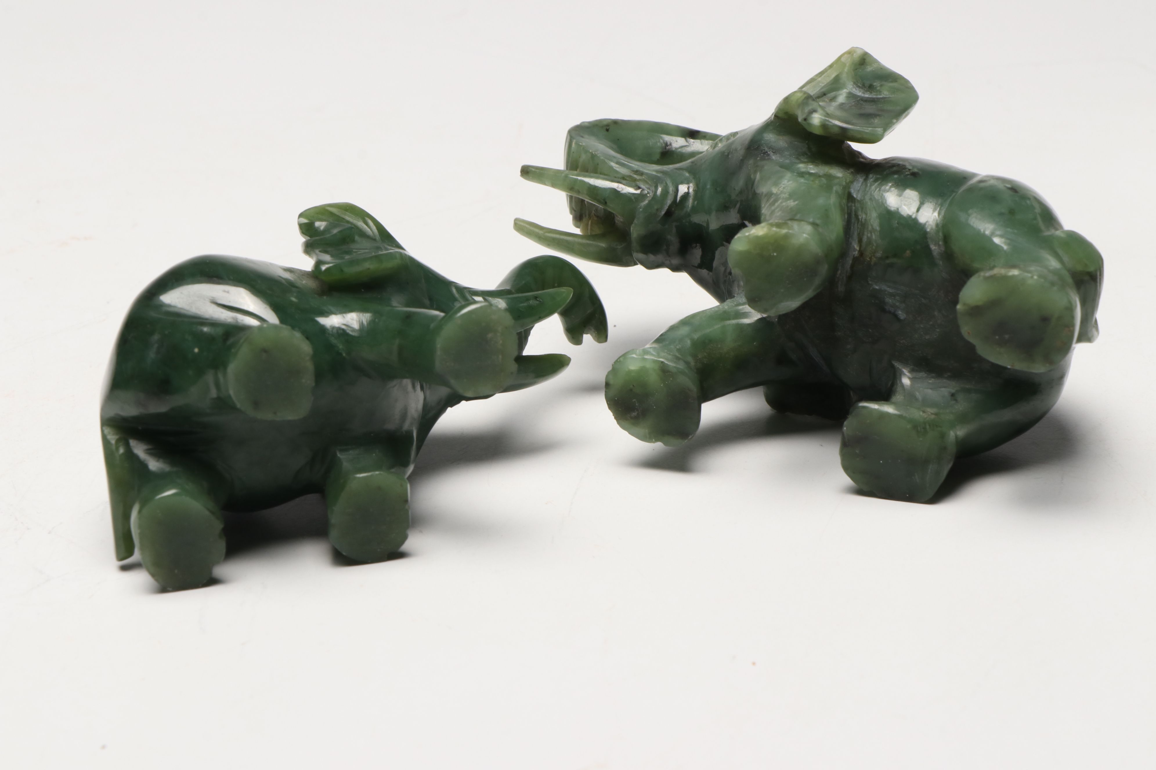 East Asian Hand-Carved Nephrite Elephant Figures with Aventurine Figure