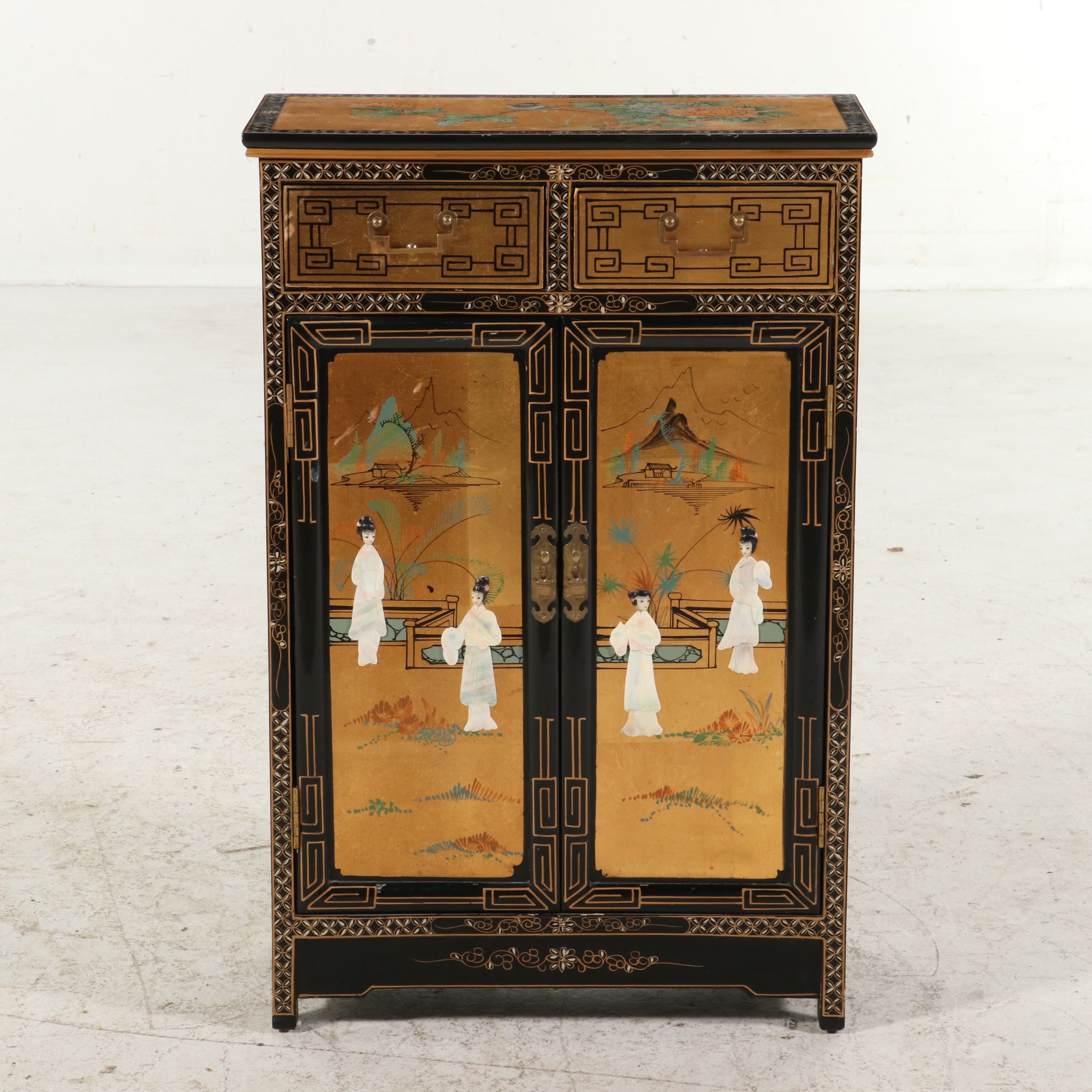 Chinese Black Lacquer Accent Cabinet with Stone and MOP Relief Accents