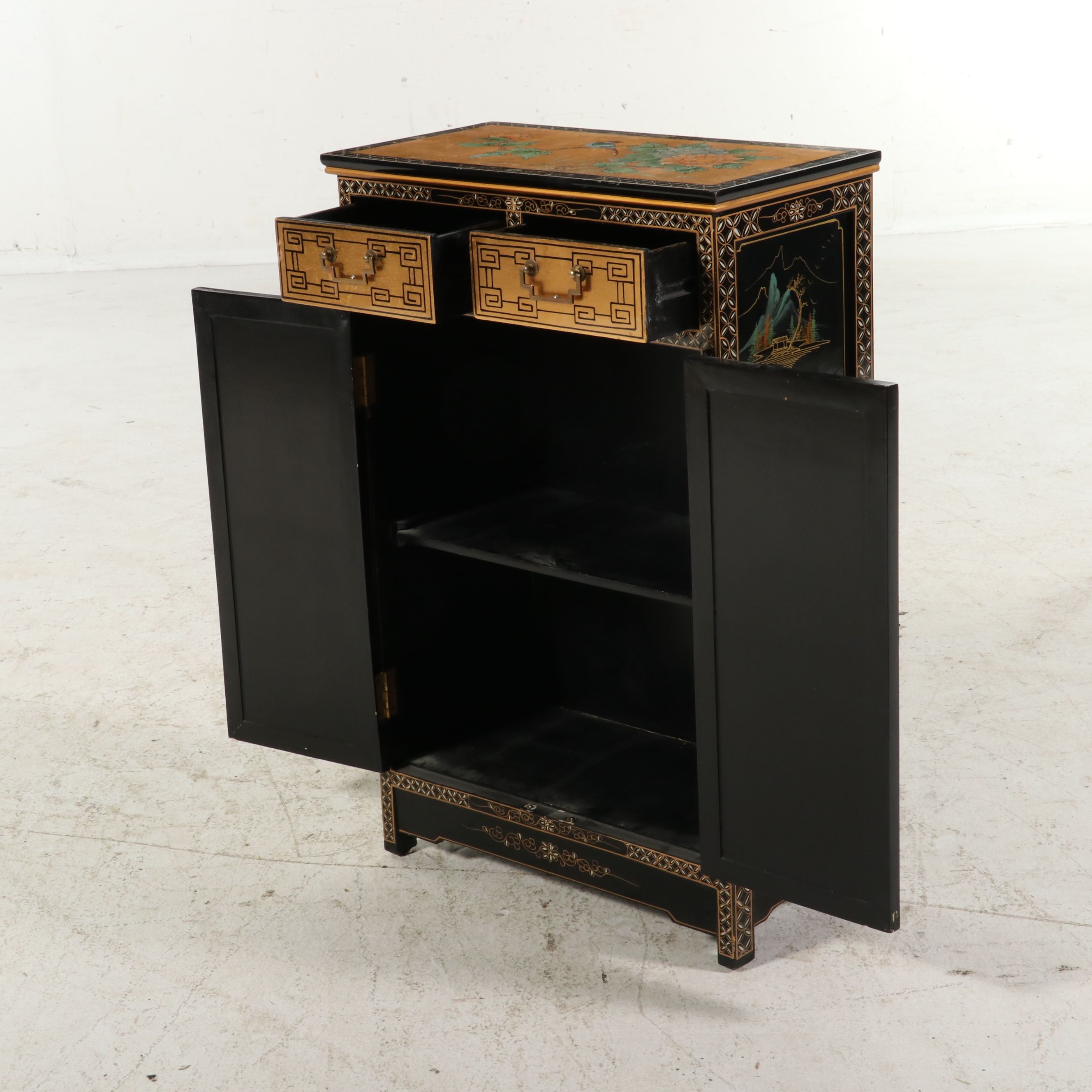 Chinese Black Lacquer Accent Cabinet with Stone and MOP Relief Accents