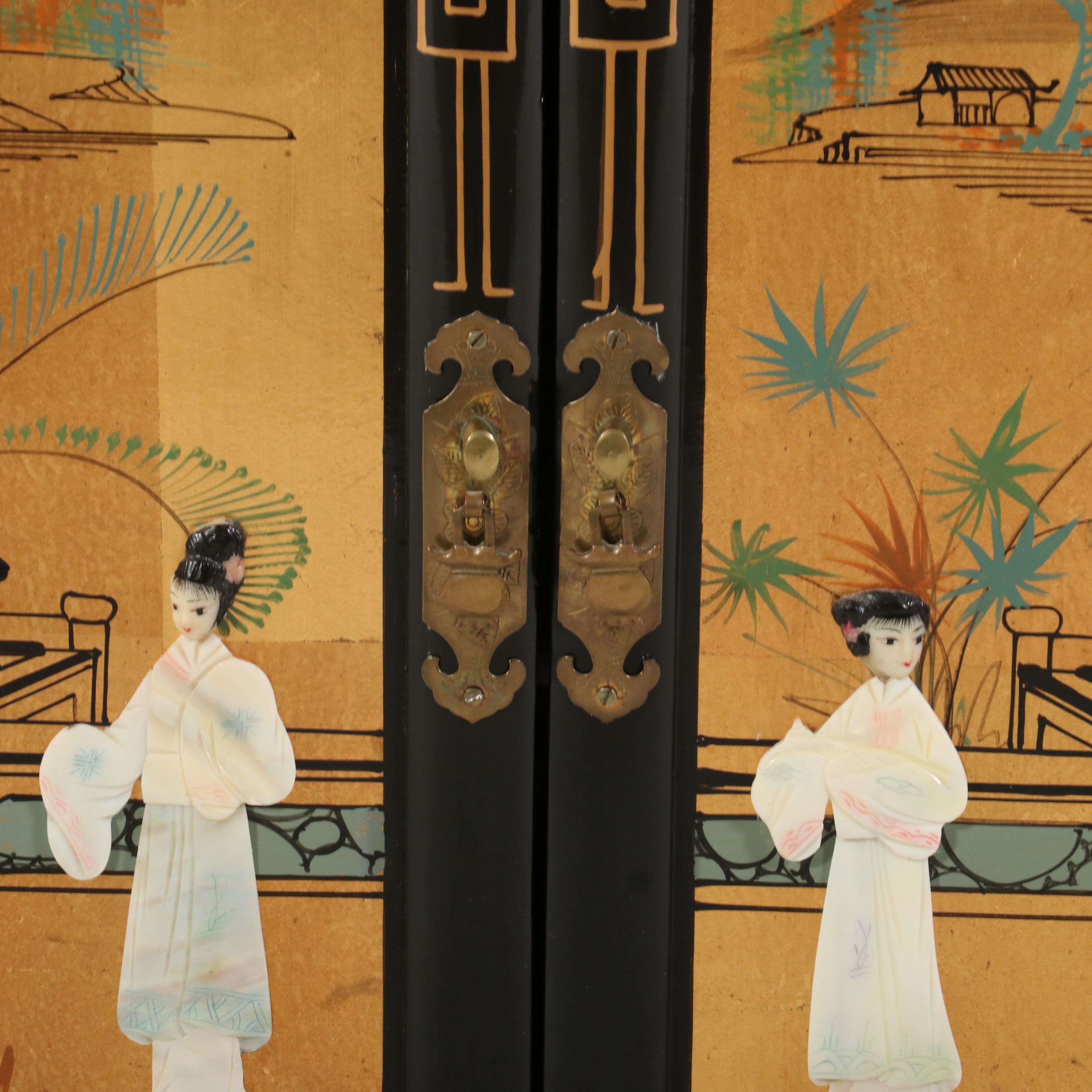 Chinese Black Lacquer Accent Cabinet with Stone and MOP Relief Accents