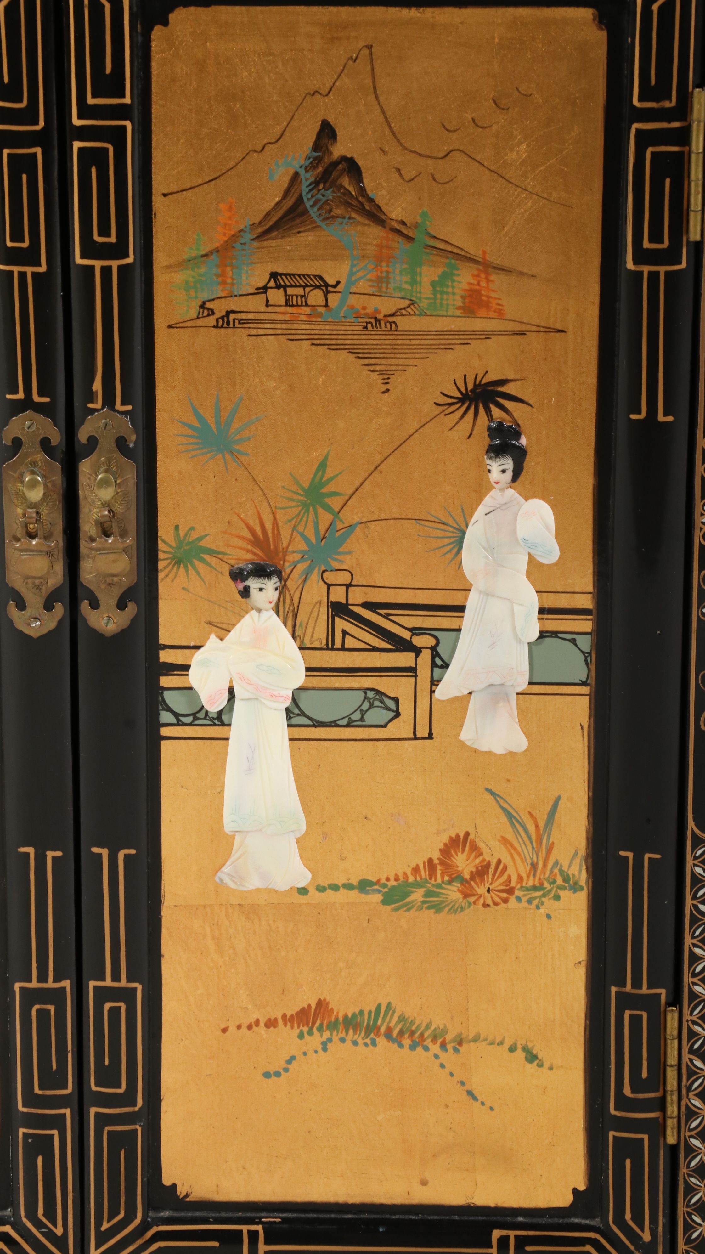 Chinese Black Lacquer Accent Cabinet with Stone and MOP Relief Accents
