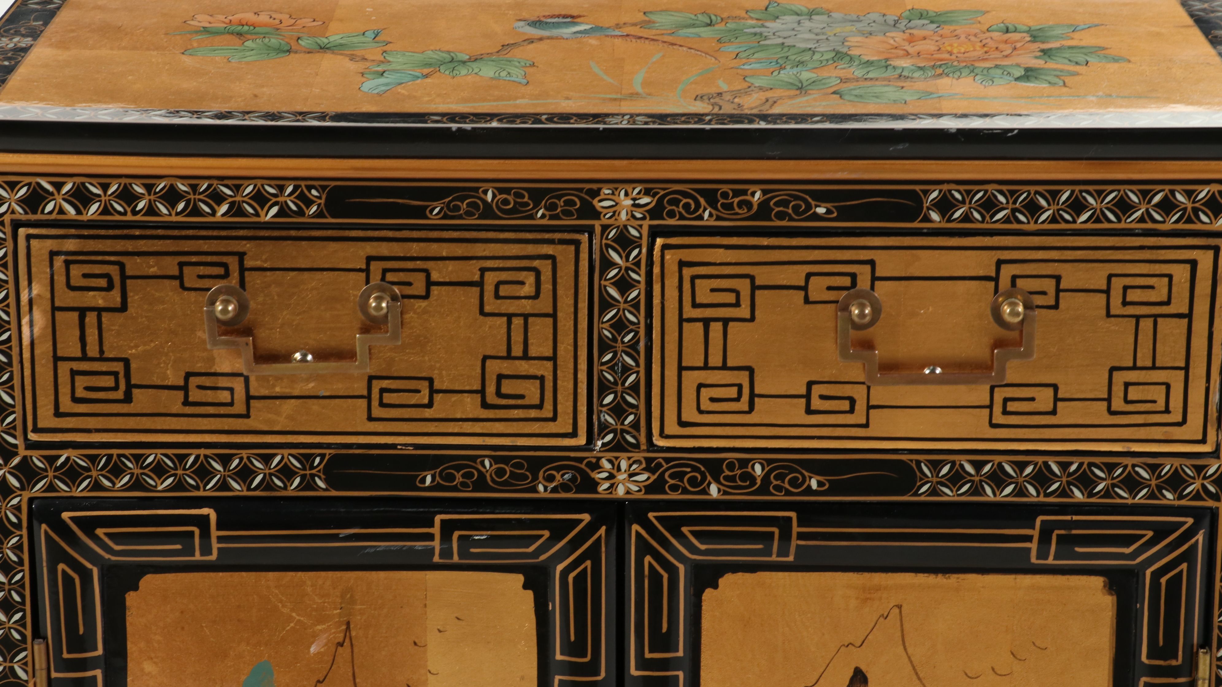Chinese Black Lacquer Accent Cabinet with Stone and MOP Relief Accents