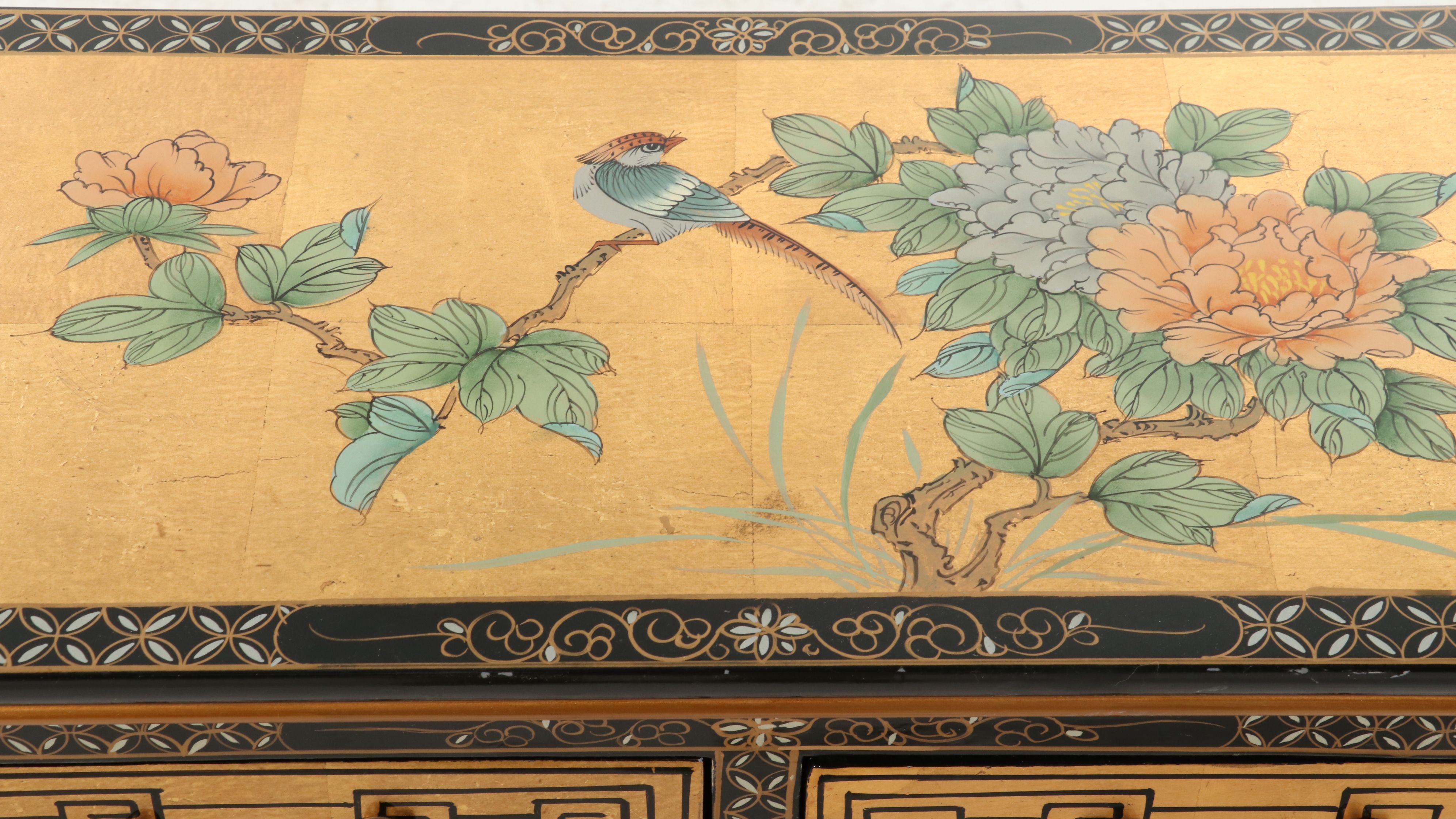 Chinese Black Lacquer Accent Cabinet with Stone and MOP Relief Accents