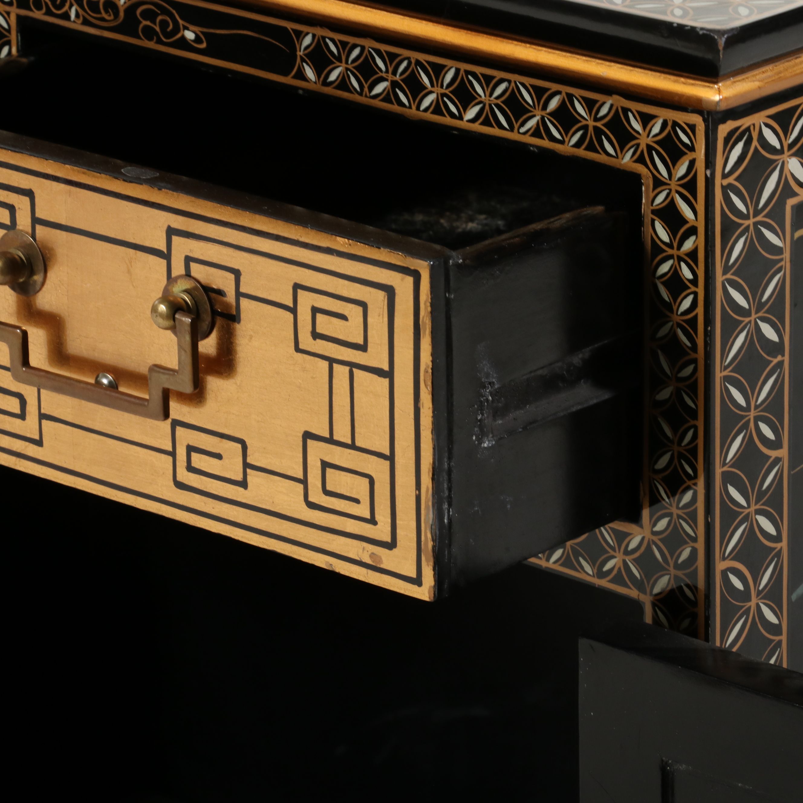 Chinese Black Lacquer Accent Cabinet with Stone and MOP Relief Accents