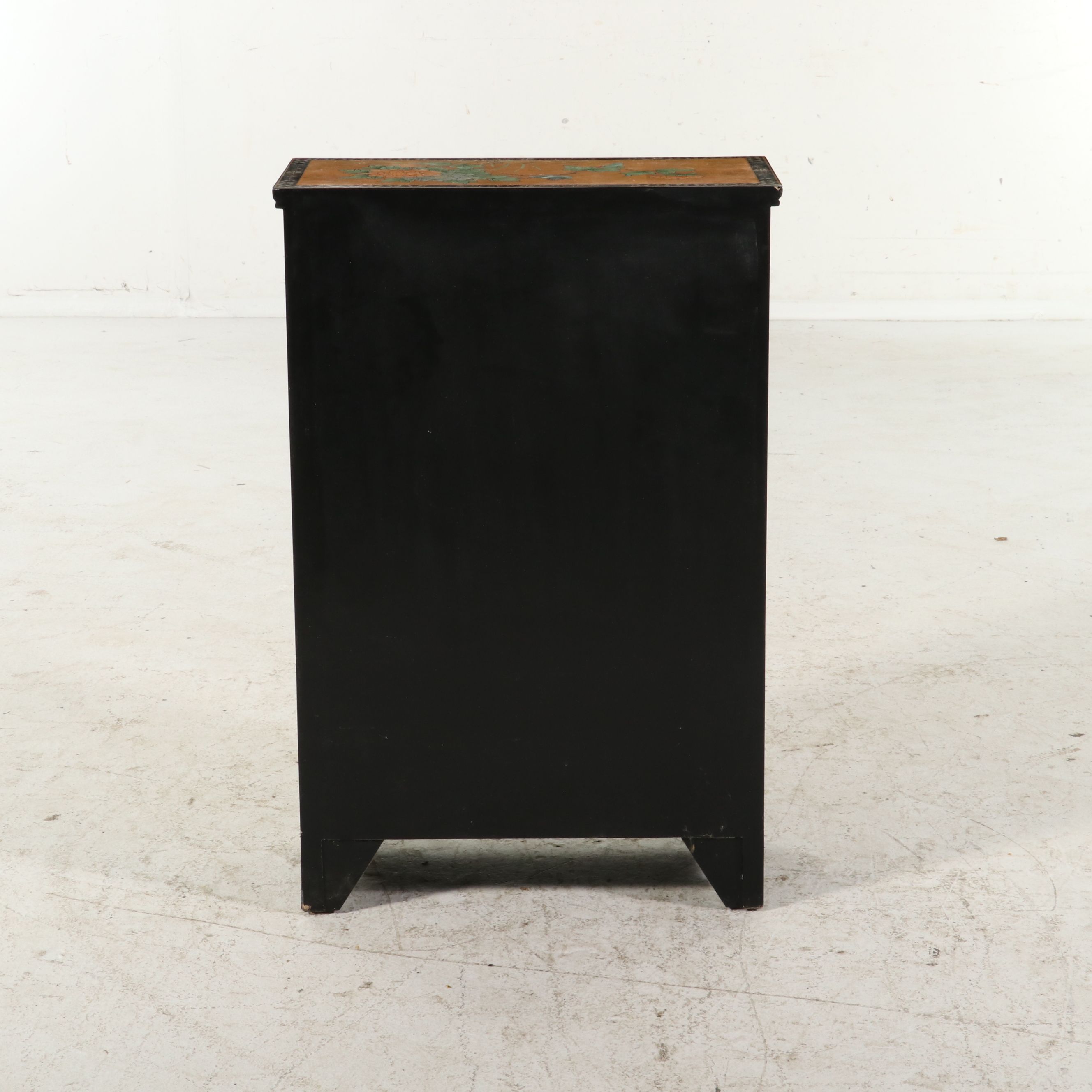 Chinese Black Lacquer Accent Cabinet with Stone and MOP Relief Accents
