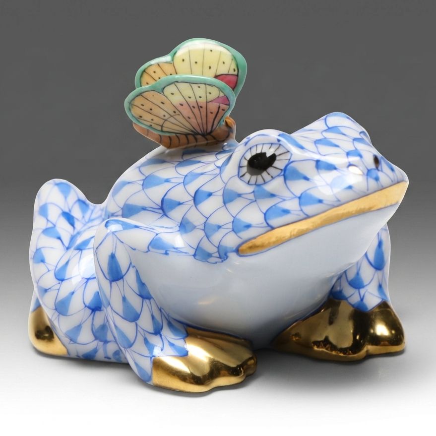 Herend Blue Fishnet with Gold "Frog with Butterfly" Porcelain Figurine, 2009