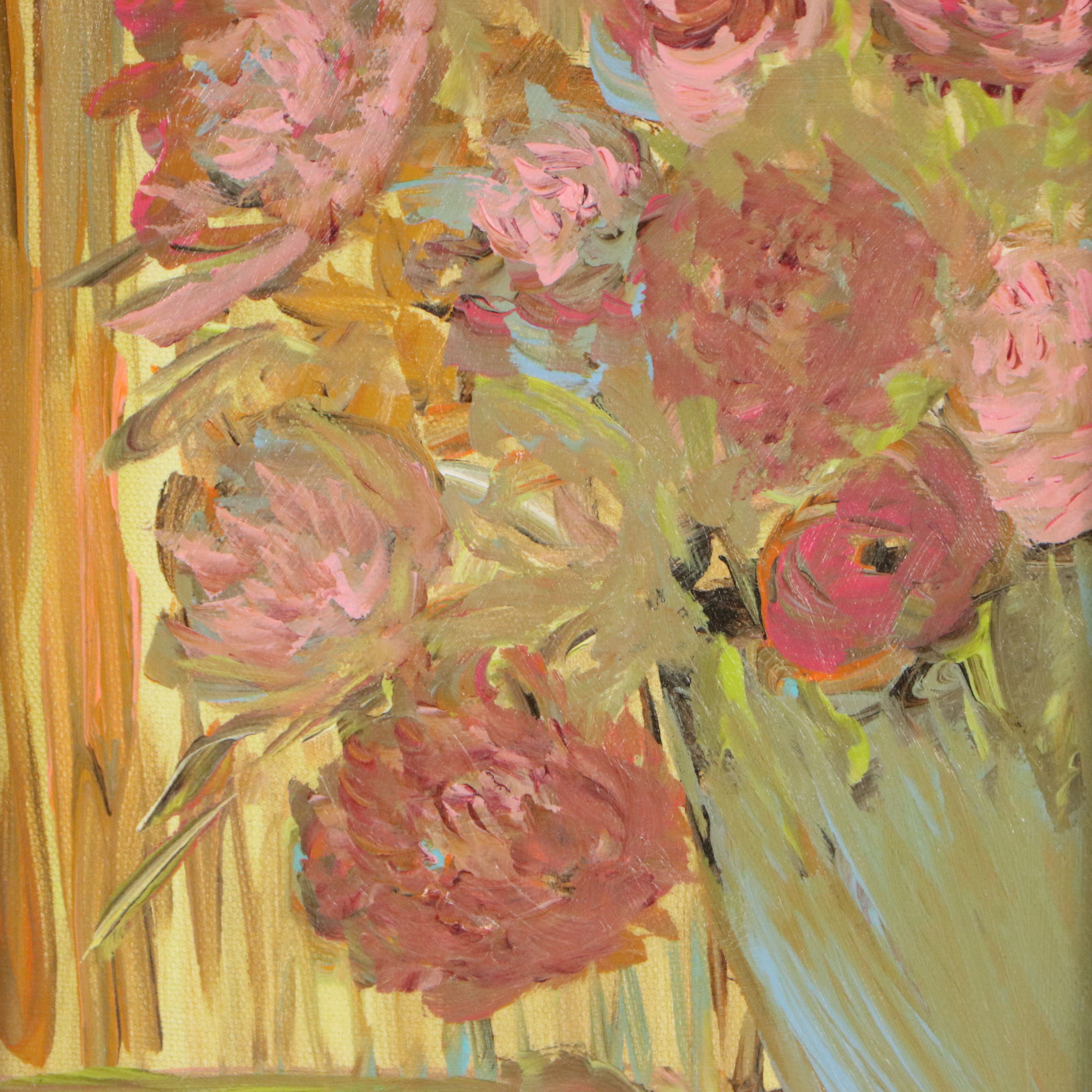 Still Life Acrylic Painting of Pink Roses in Blue Vase, 21st Century