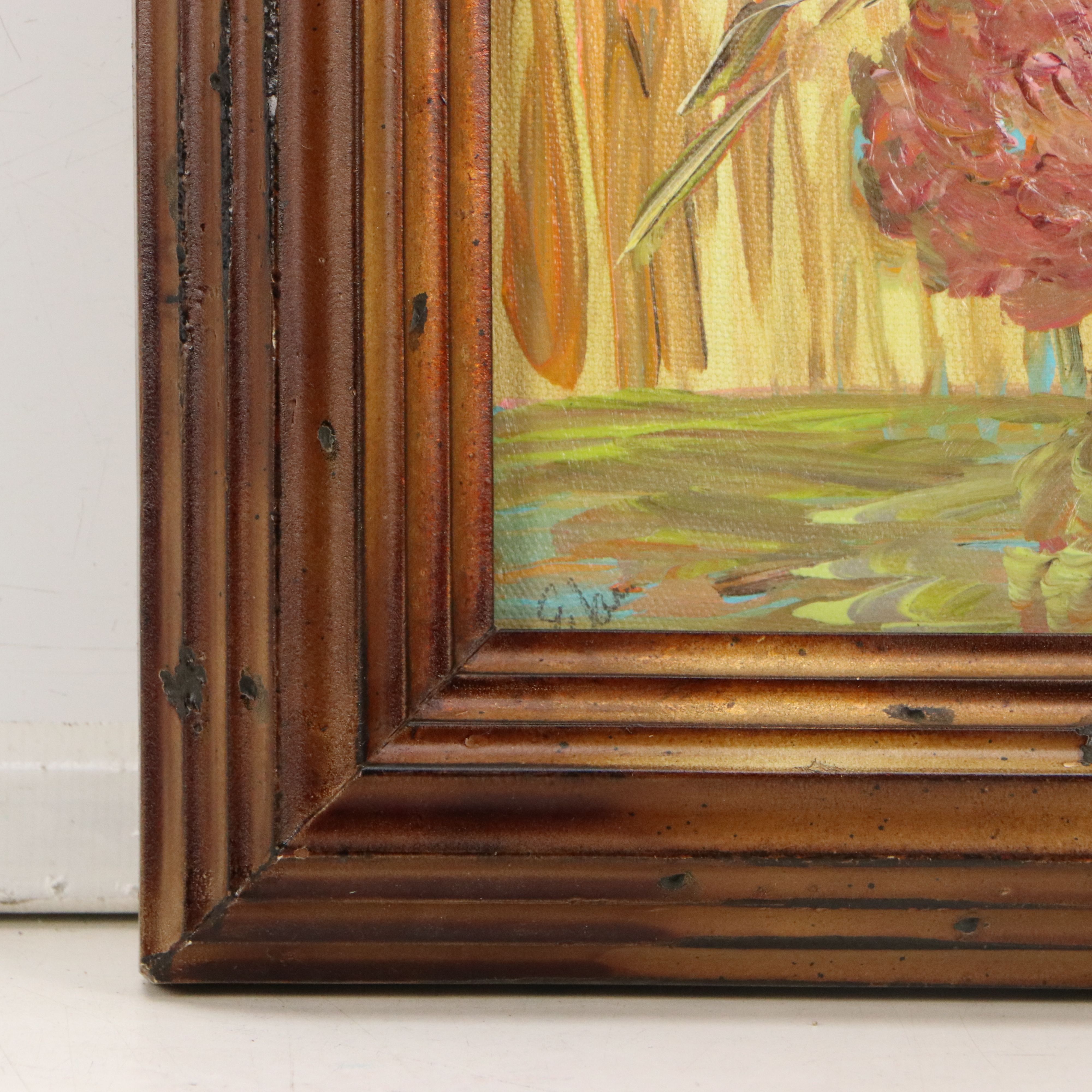 Still Life Acrylic Painting of Pink Roses in Blue Vase, 21st Century