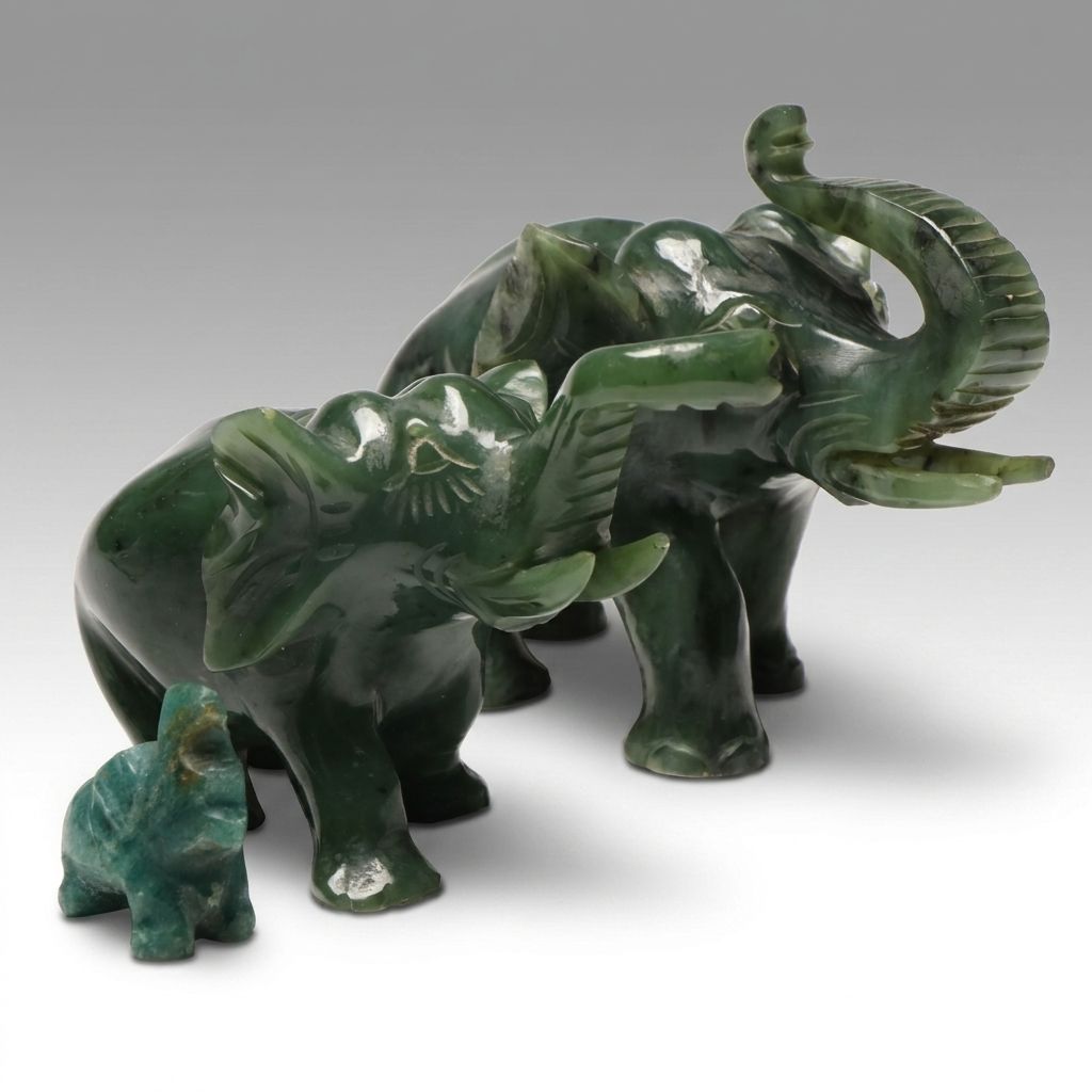 East Asian Hand-Carved Nephrite Elephant Figures with Aventurine Figure