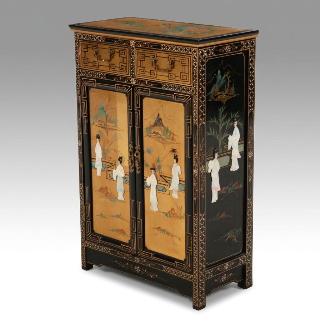 Chinese Black Lacquer Accent Cabinet with Stone and MOP Relief Accents