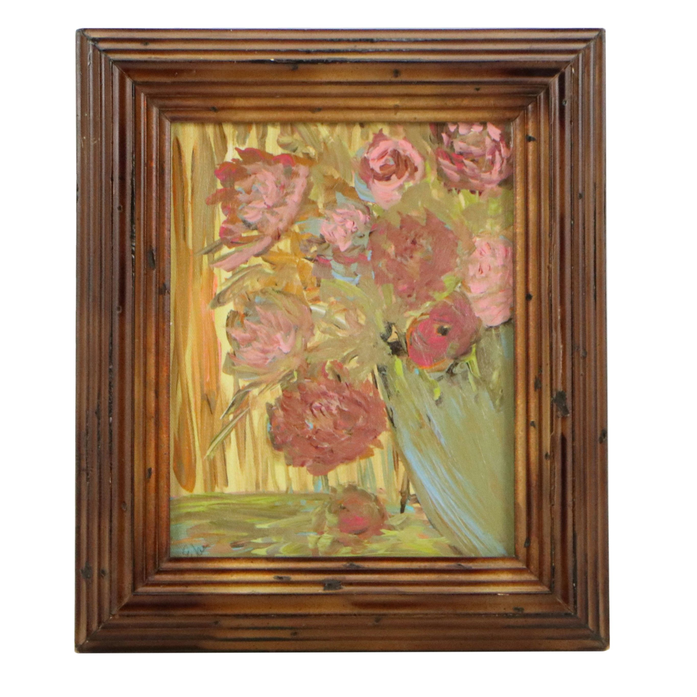 Still Life Acrylic Painting of Pink Roses in Blue Vase, 21st Century