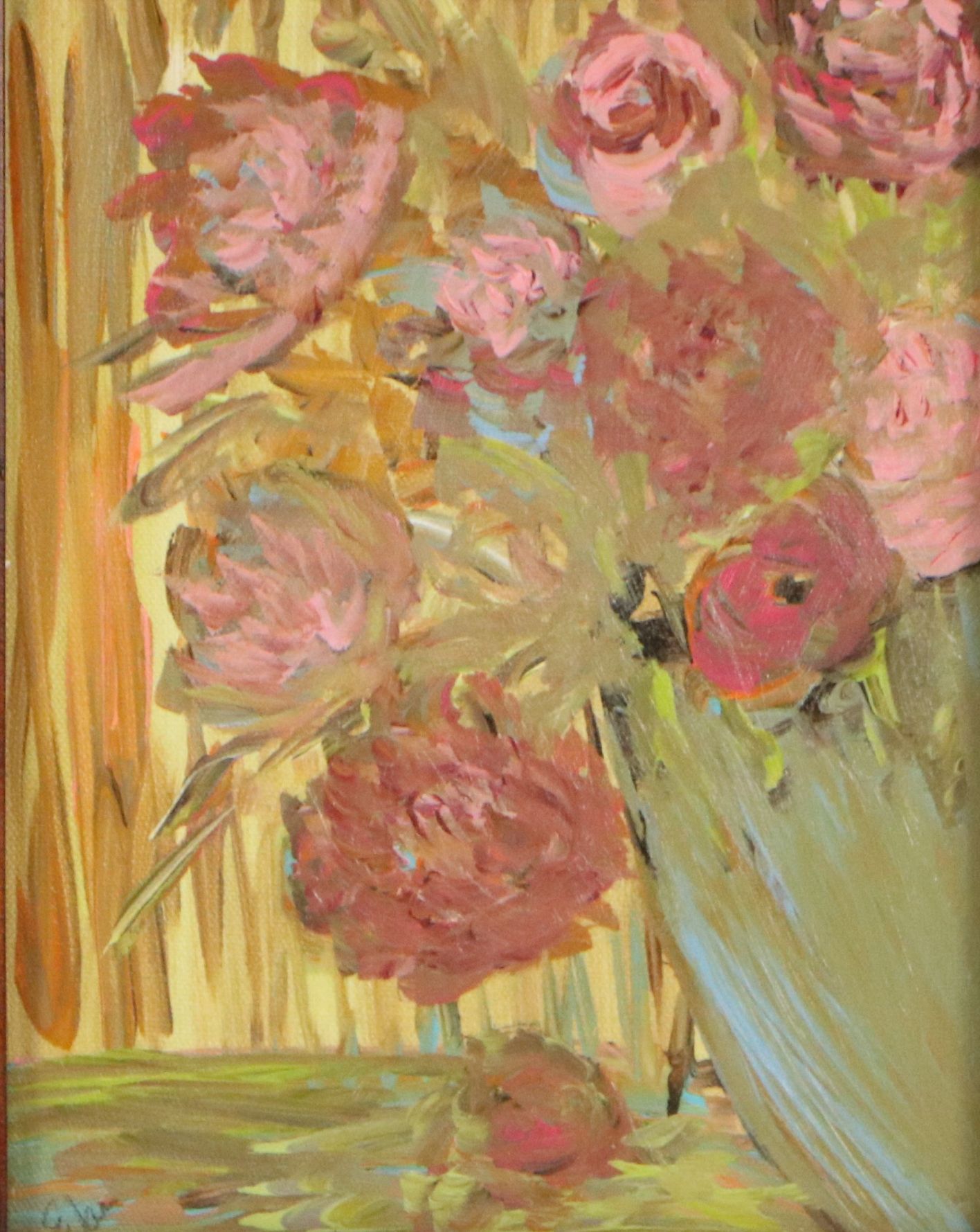 Still Life Acrylic Painting of Pink Roses in Blue Vase, 21st Century