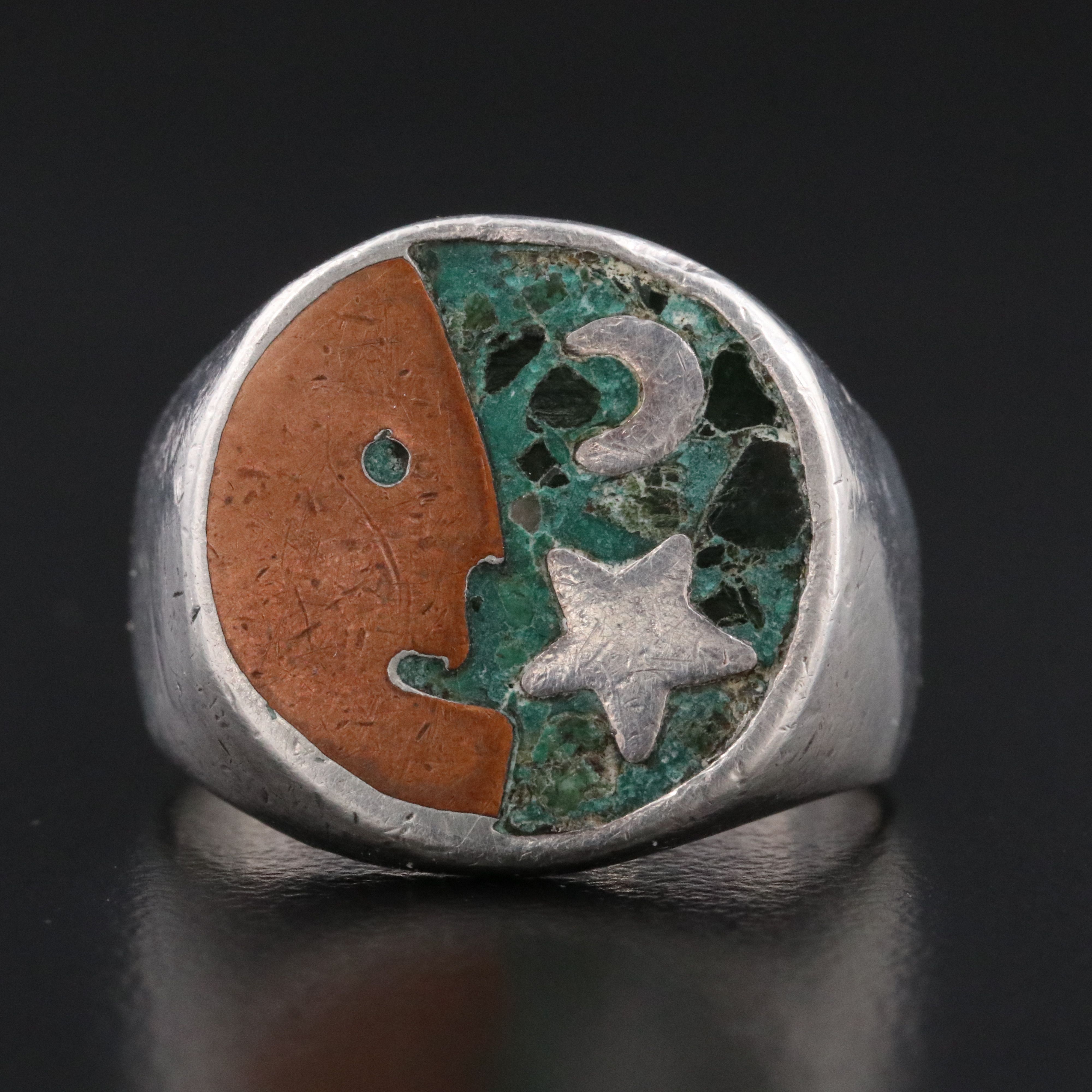 Sterling Inlay Moon and Star Ring