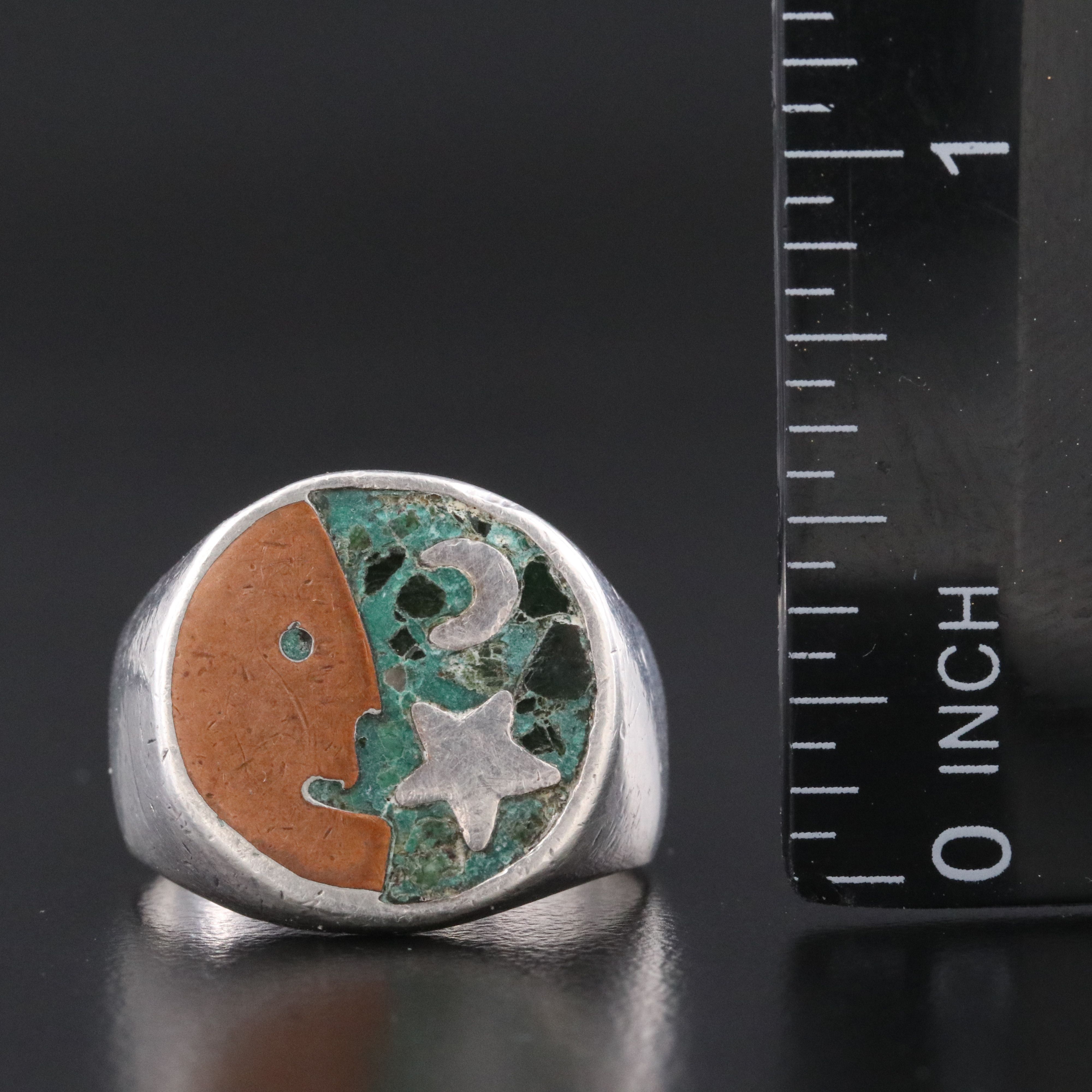 Sterling Inlay Moon and Star Ring
