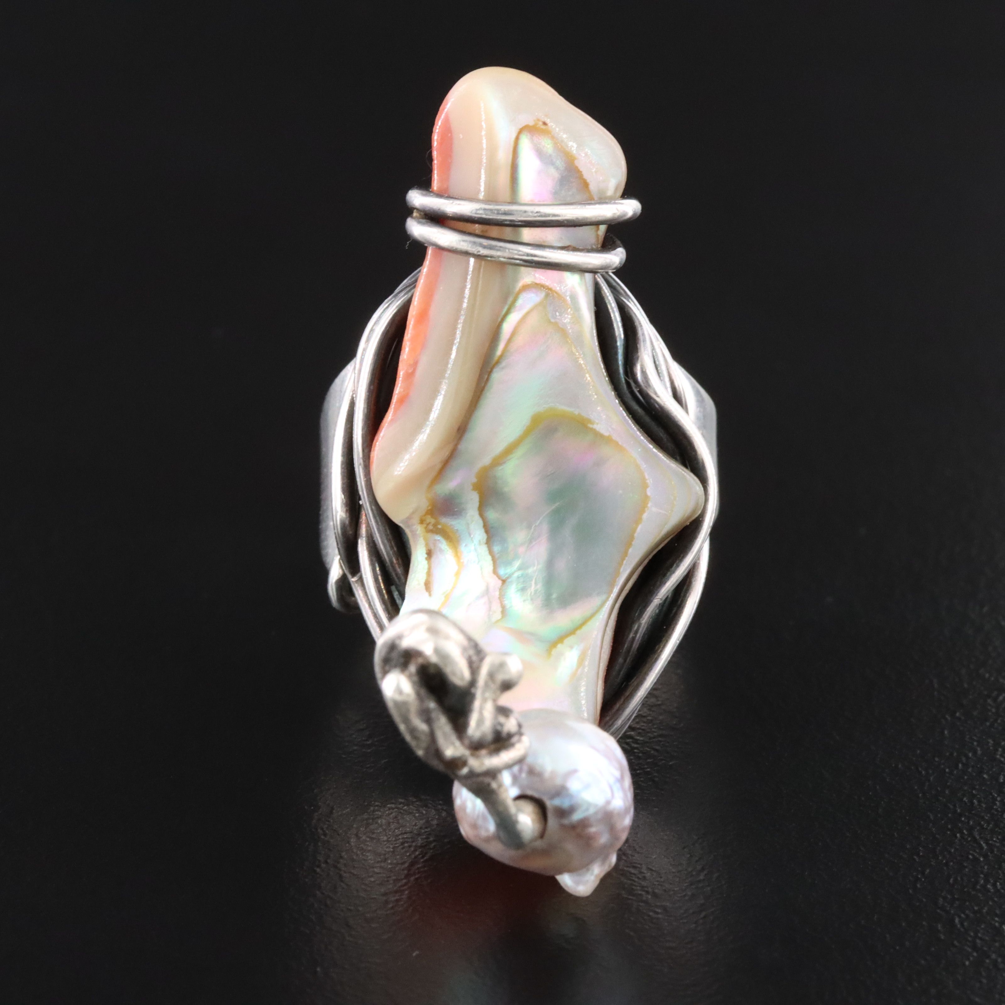 Modernist Frank Rebajes Sterling Shell and Pearl Ring, 1950s
