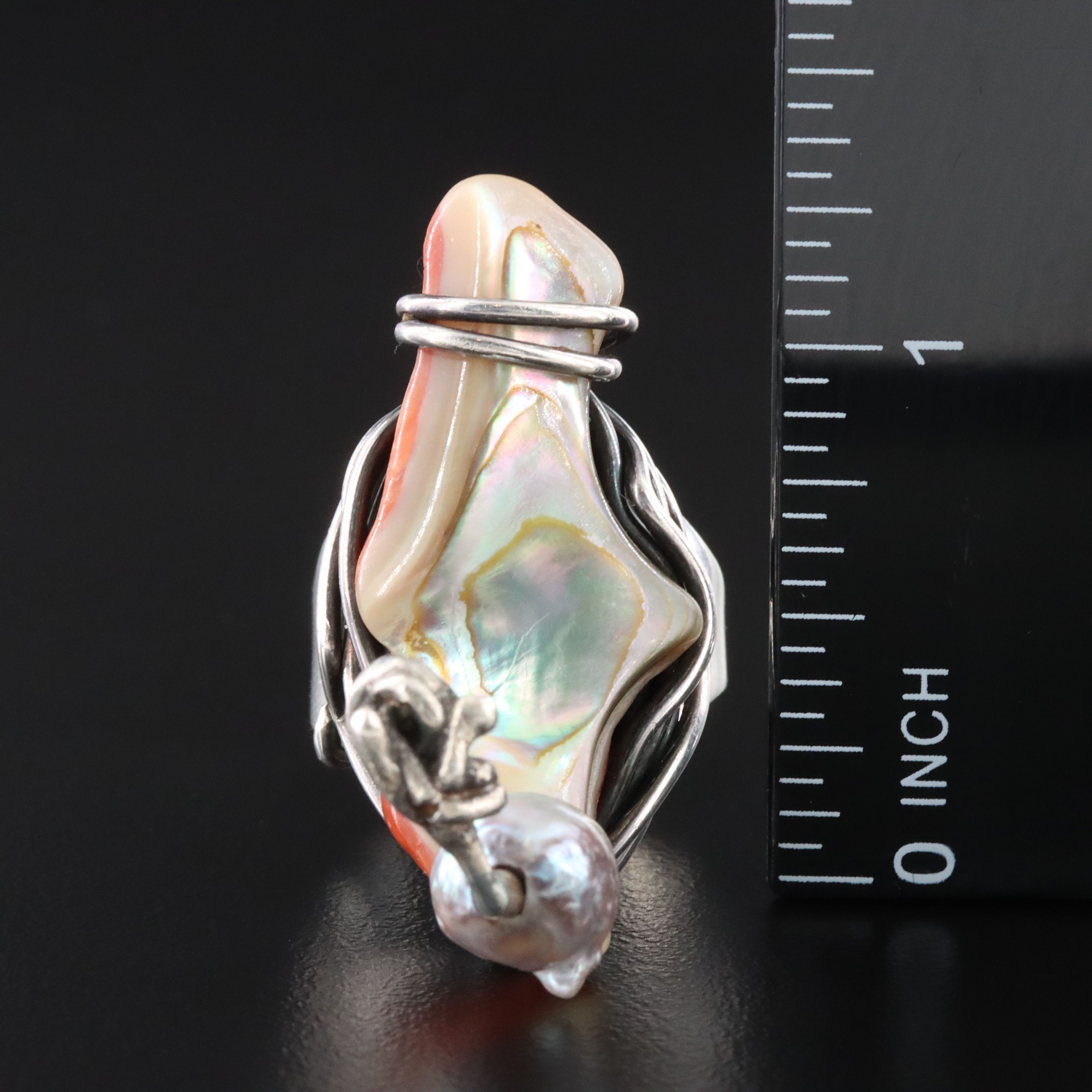 Modernist Frank Rebajes Sterling Shell and Pearl Ring, 1950s