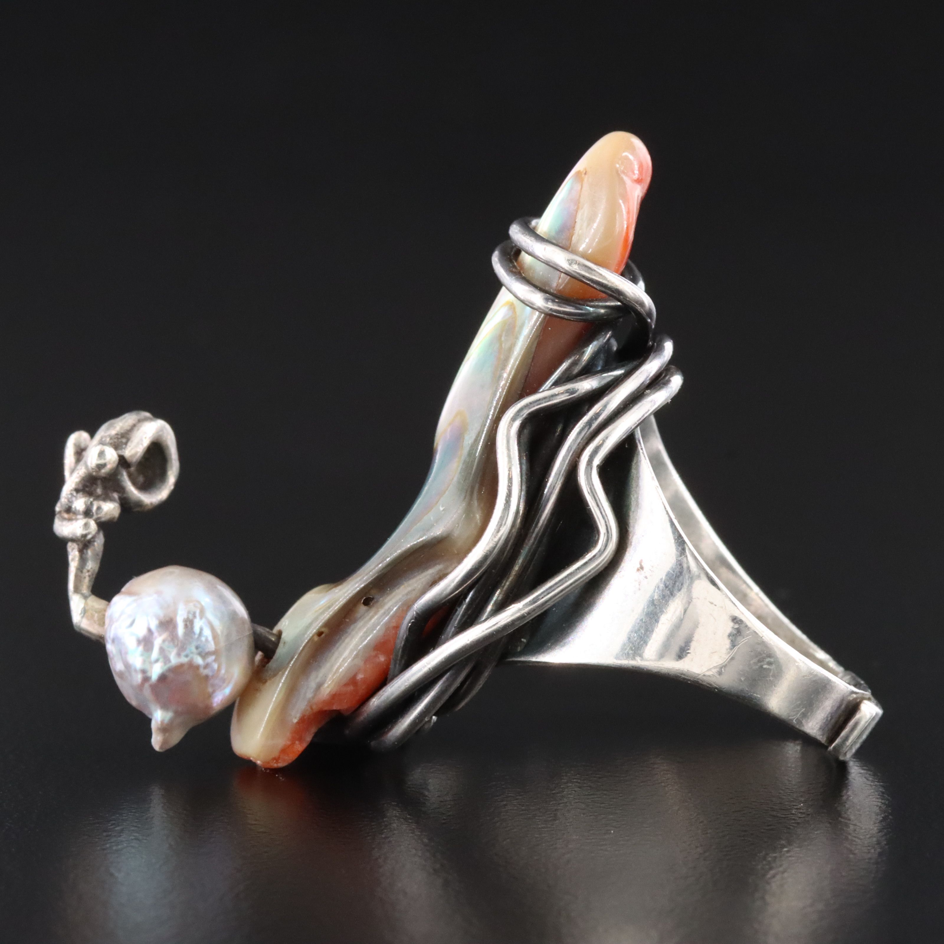 Modernist Frank Rebajes Sterling Shell and Pearl Ring, 1950s