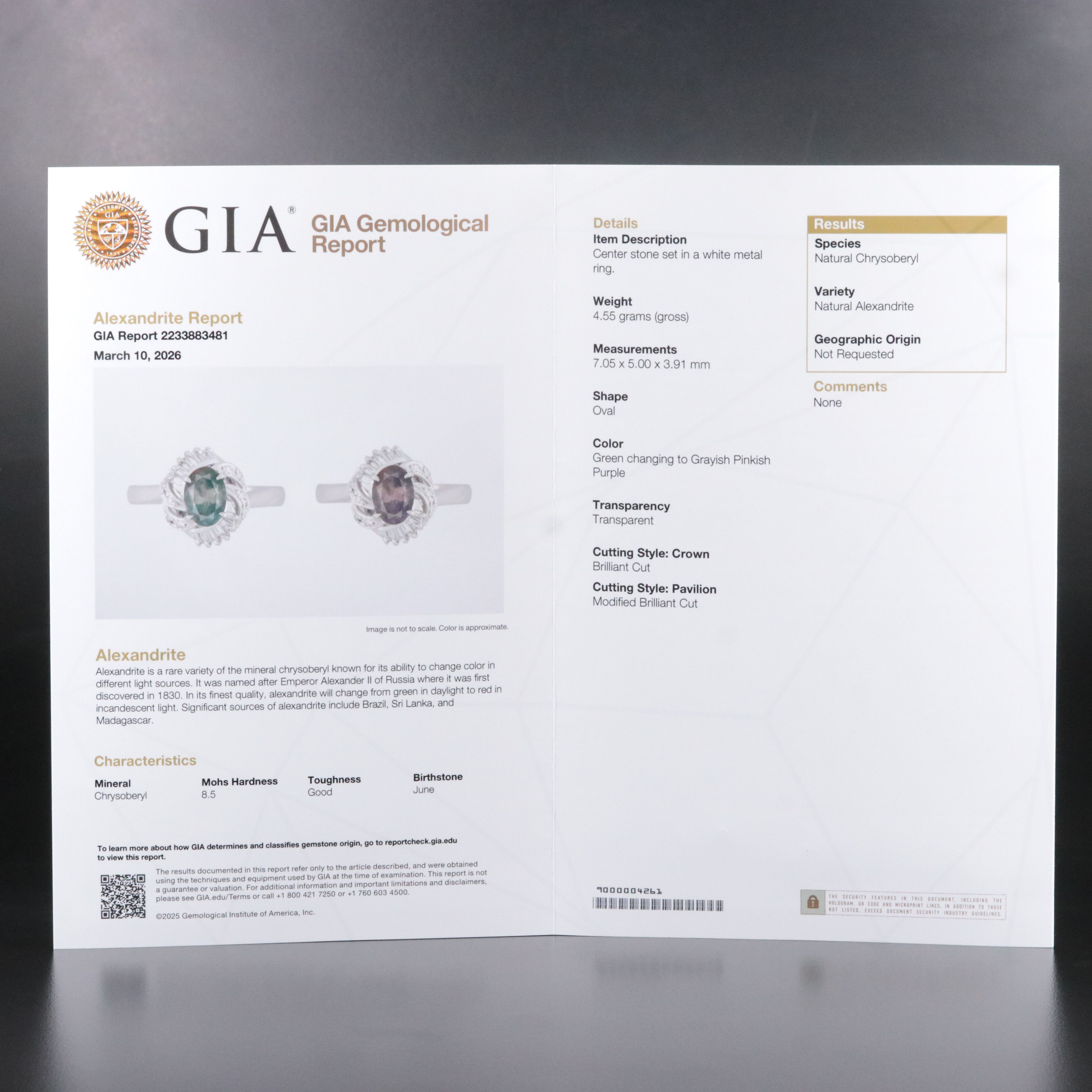 Platinum 1.08 CT Alexandrite and Diamond Swirl Ring with GIA Report