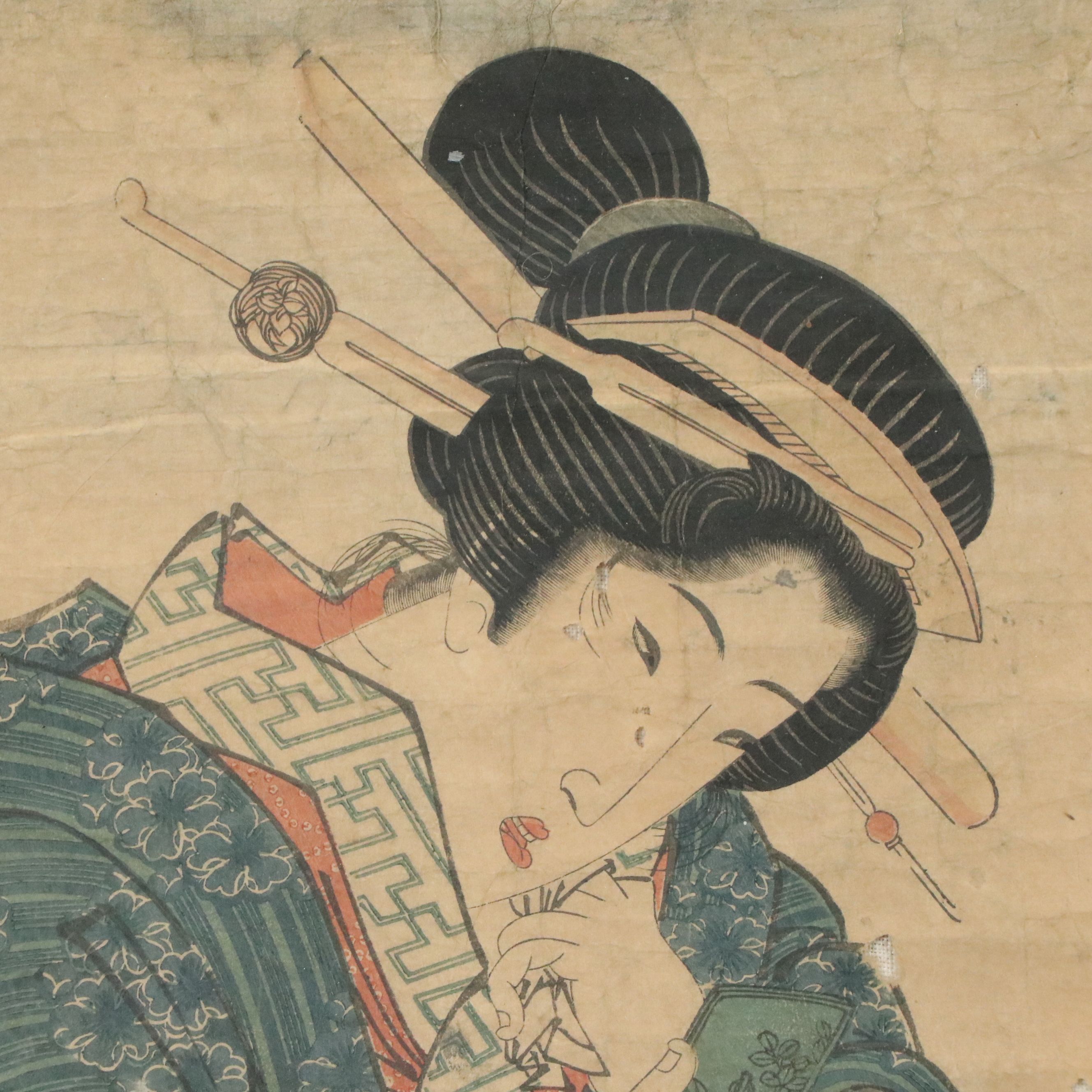 Japanese Woodblock After Keisai Eisen of Geisha and Other Woodblock, C. 1830s