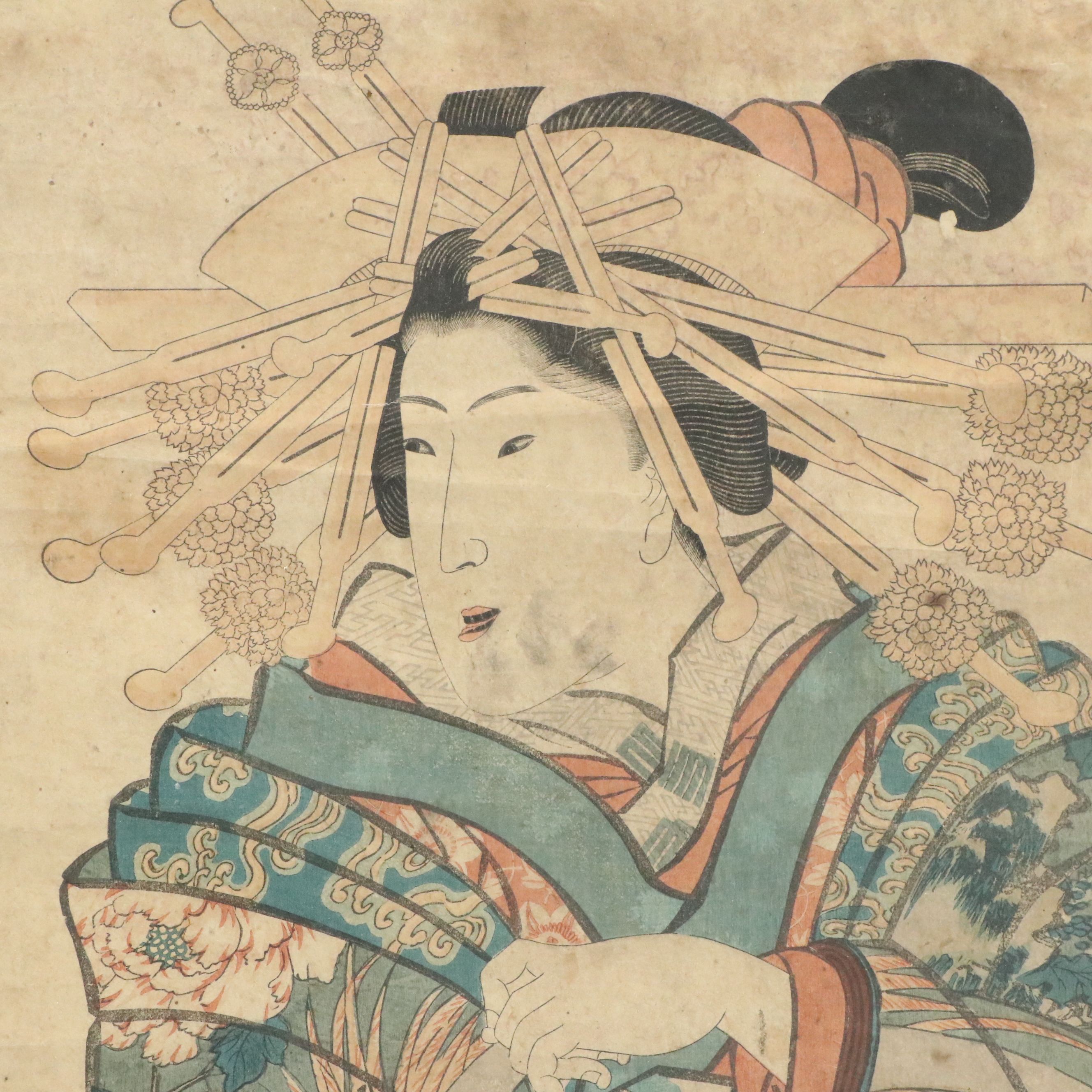 Japanese Woodblock After Keisai Eisen of Geisha and Other Woodblock, C. 1830s