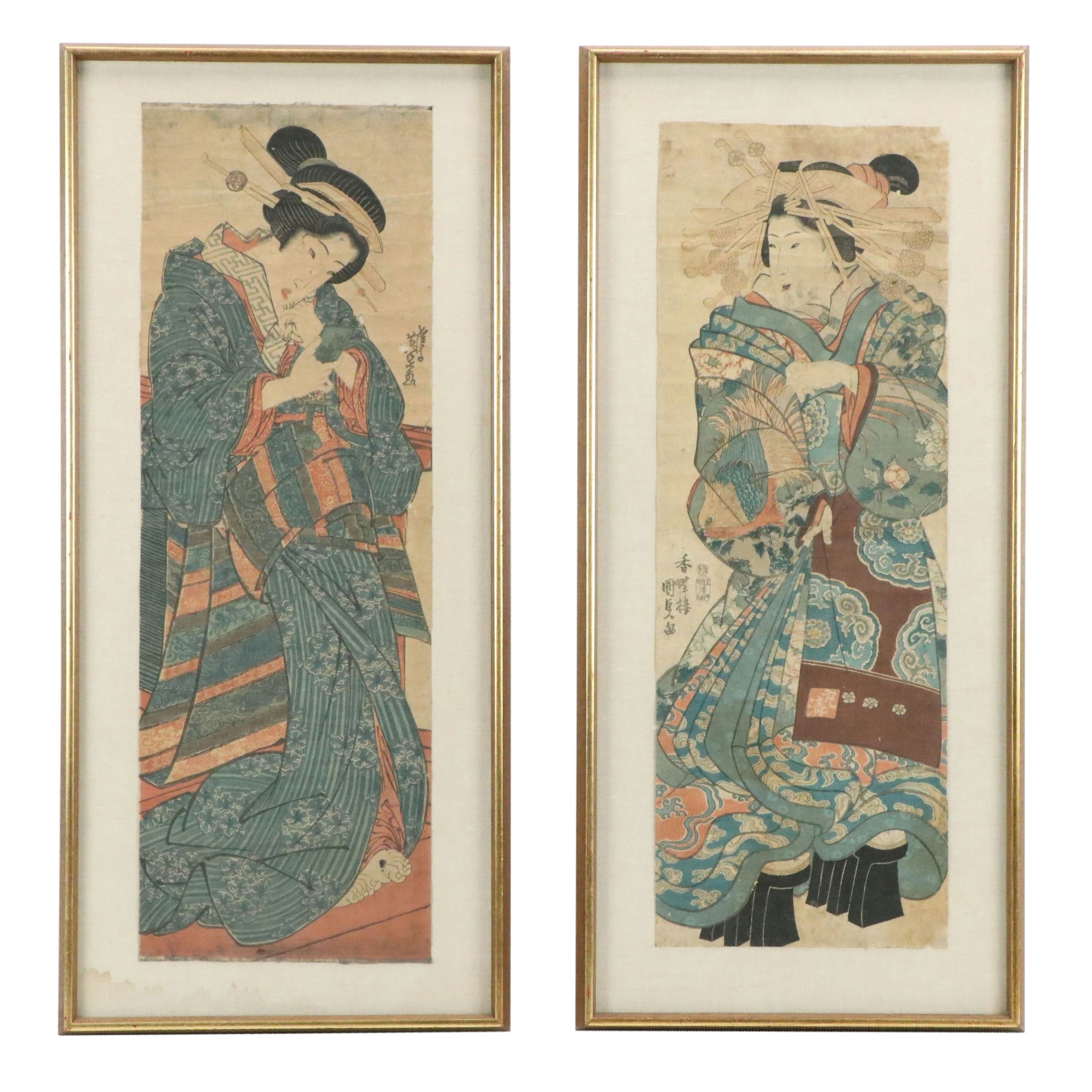 Japanese Woodblock After Keisai Eisen of Geisha and Other Woodblock, C. 1830s