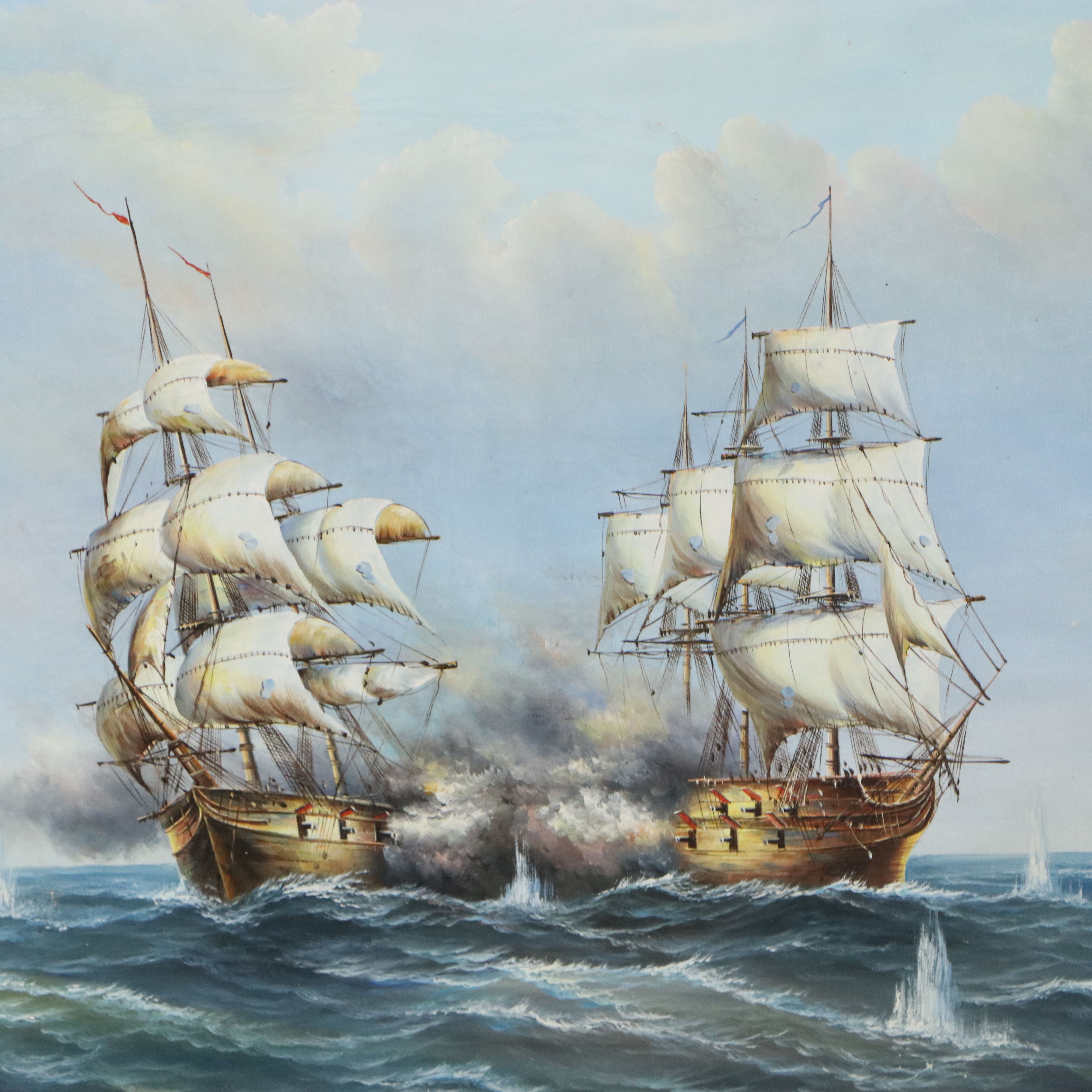 J. Harvey Maritime Oil Painting of Clipper Ships In Battle, Late 20th Century