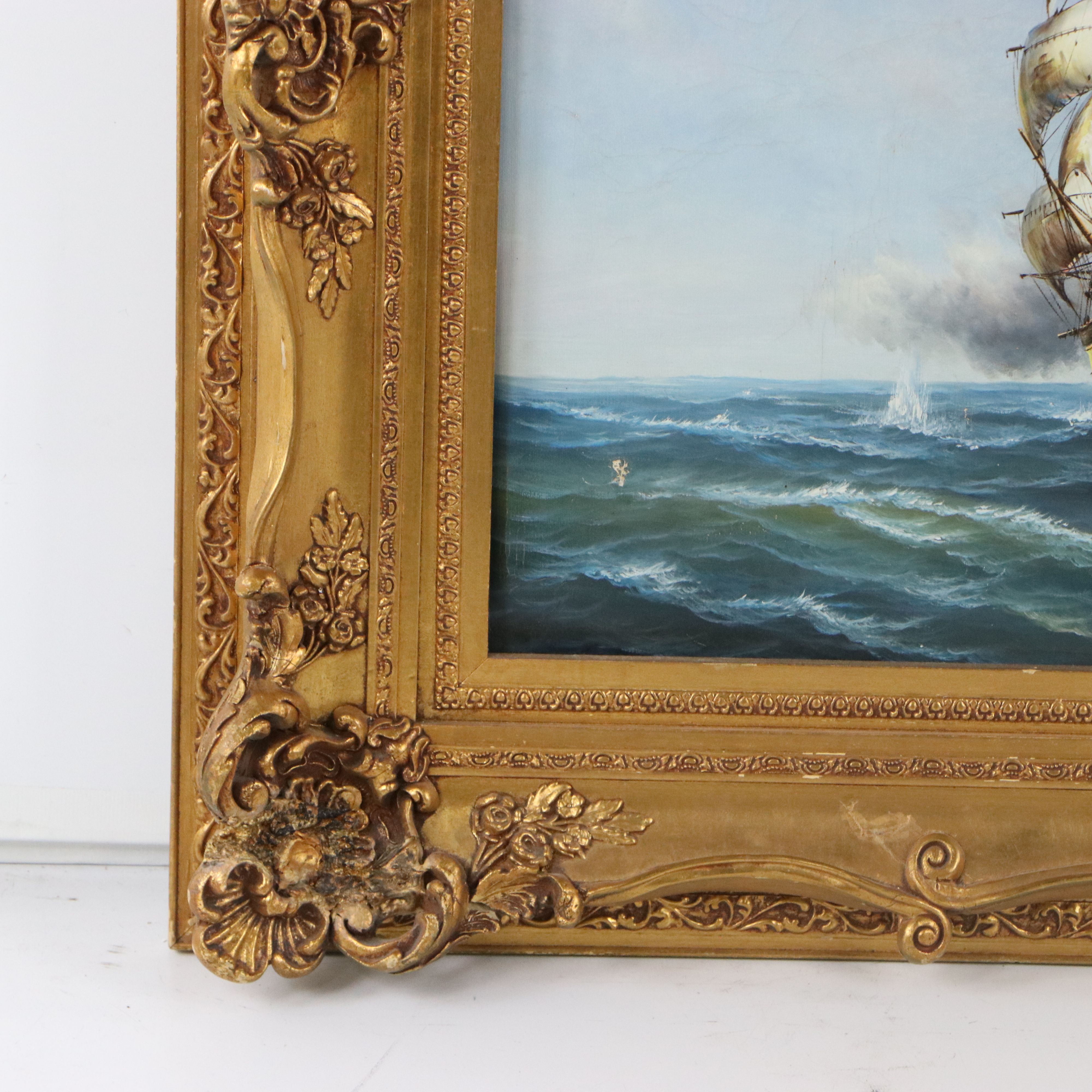 J. Harvey Maritime Oil Painting of Clipper Ships In Battle, Late 20th Century