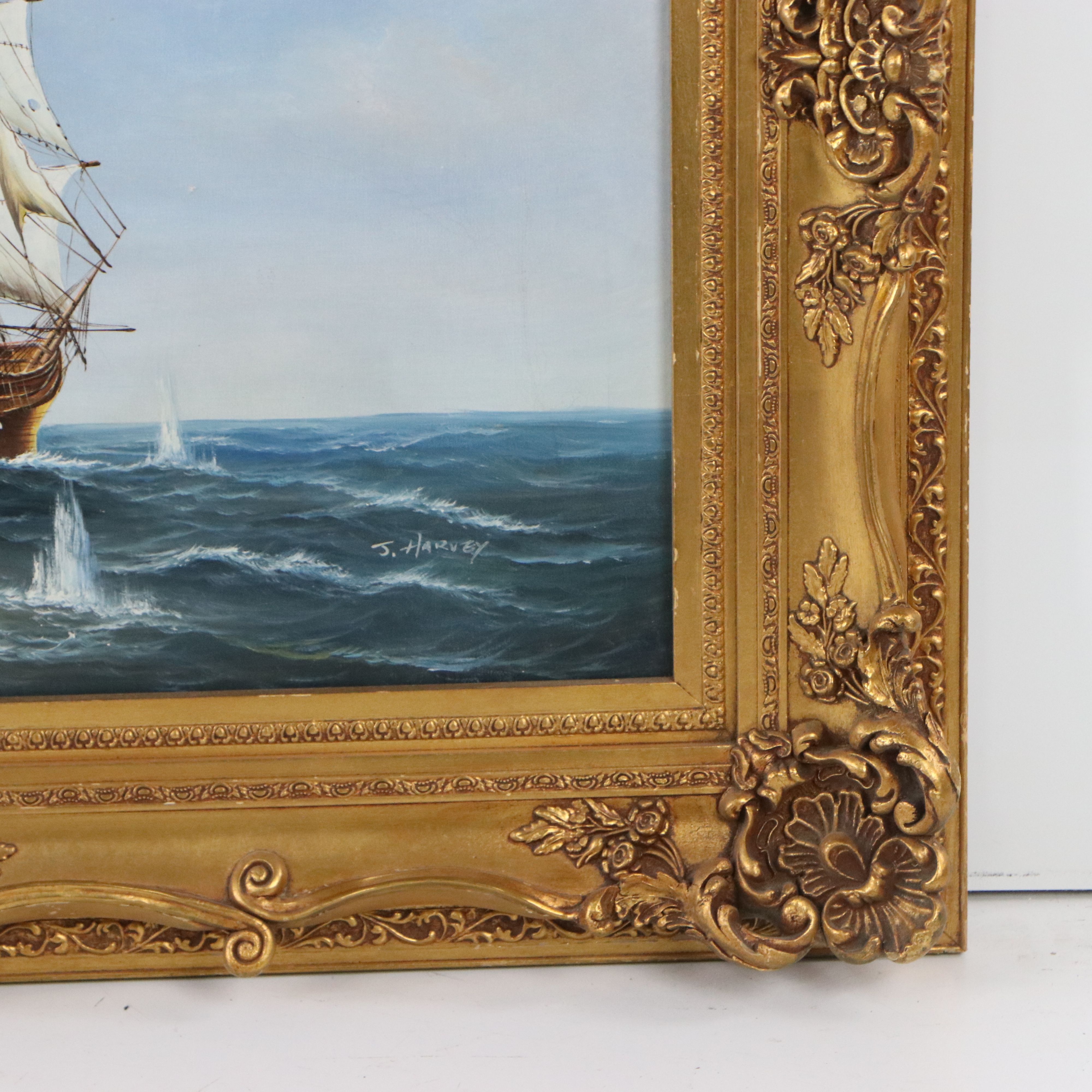 J. Harvey Maritime Oil Painting of Clipper Ships In Battle, Late 20th Century