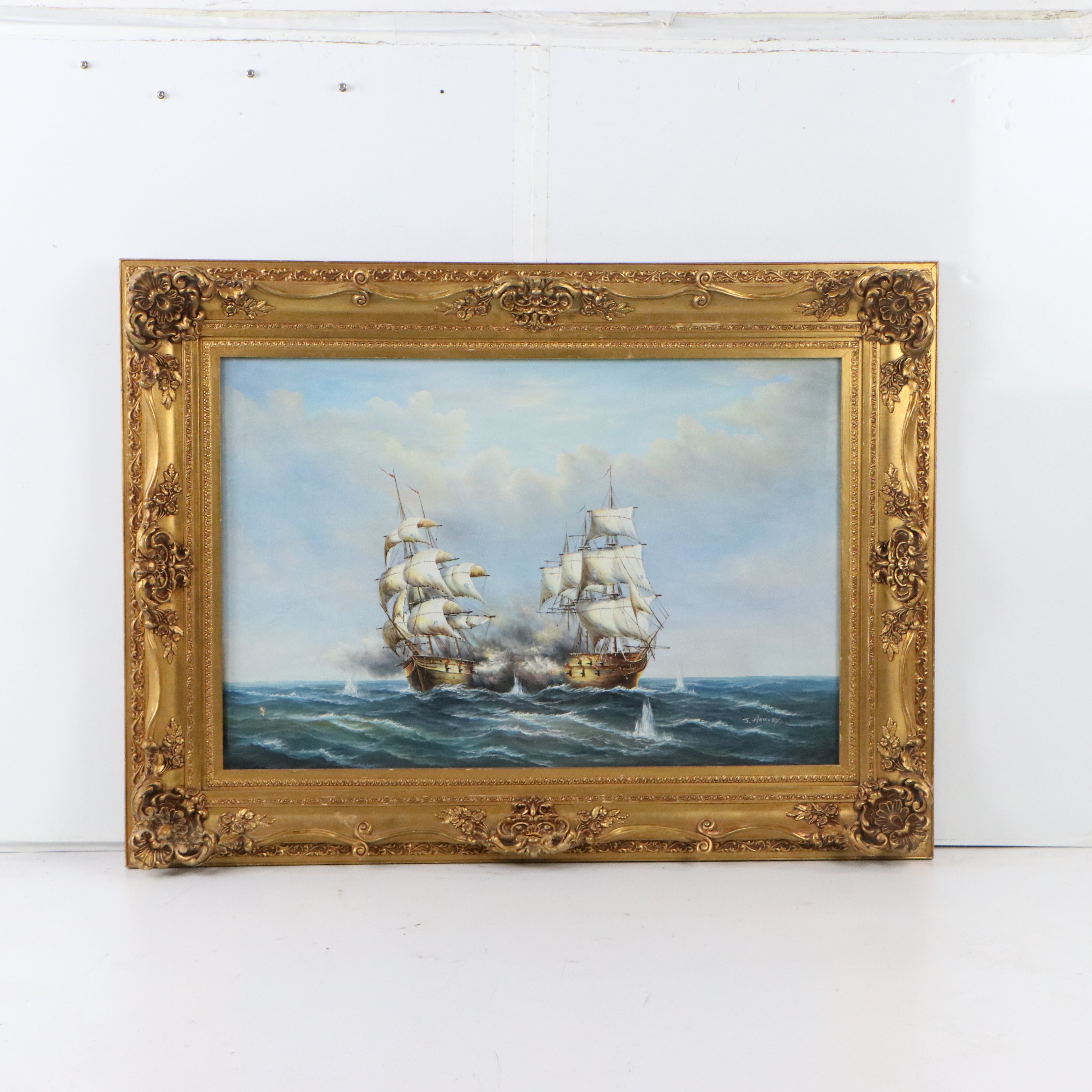 J. Harvey Maritime Oil Painting of Clipper Ships In Battle, Late 20th Century