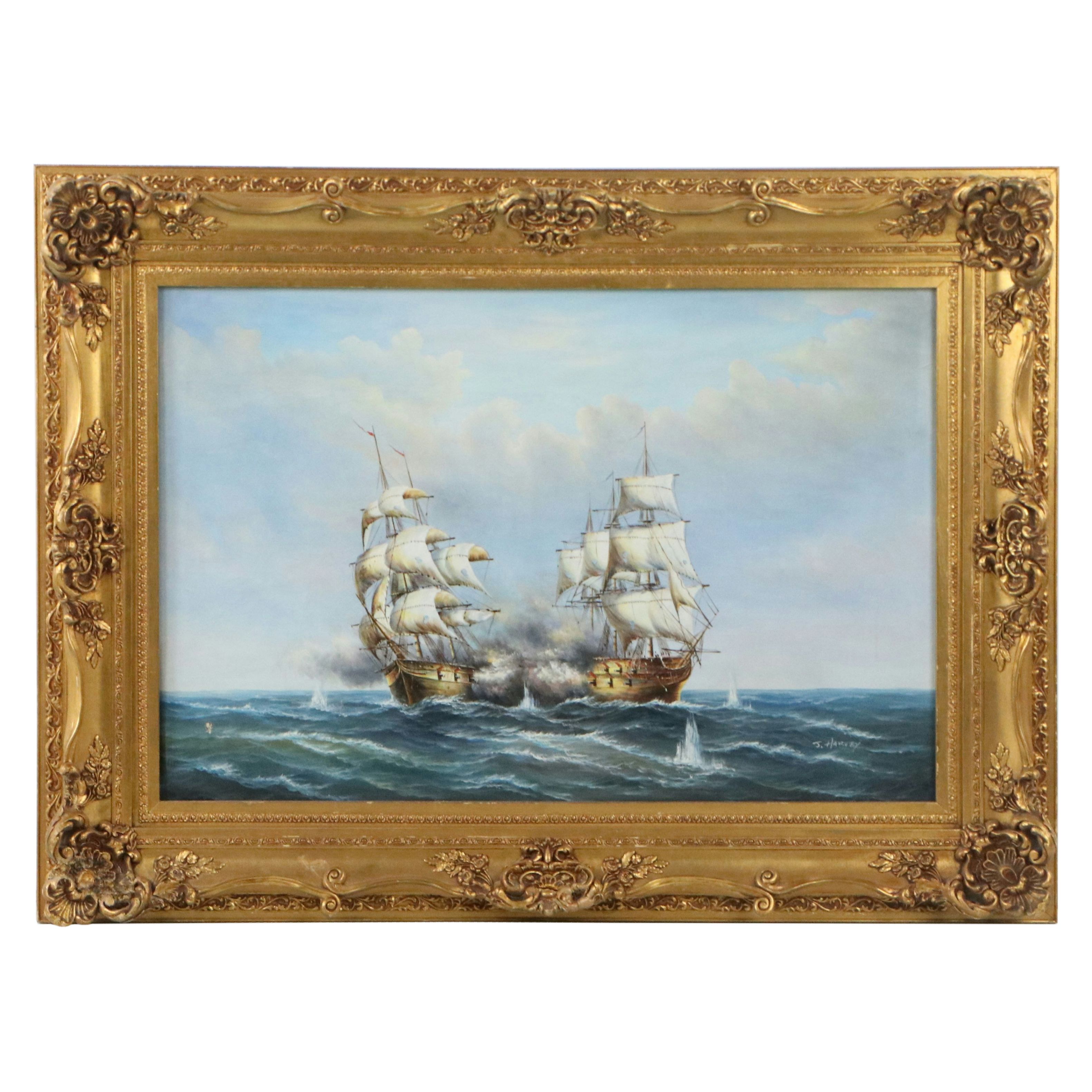J. Harvey Maritime Oil Painting of Clipper Ships In Battle, Late 20th Century